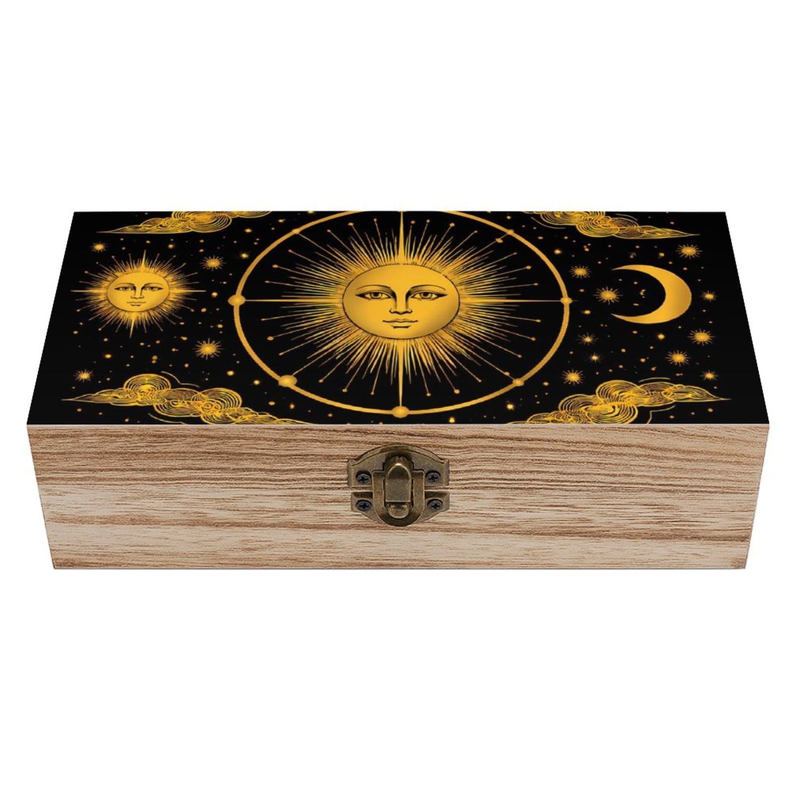 SMAZDFXX Sun Crescent Moon Stars Astrology Tarot Wooden Storage Box With Hinged Lid Decorative Front Clasp Keepsake Boxes