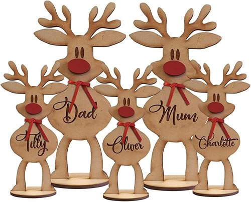Adornos de Navidad personalizados, adorno de mesa de madera de reno independiente, letrero de madera personalizado, nombre de miembro de la familia,