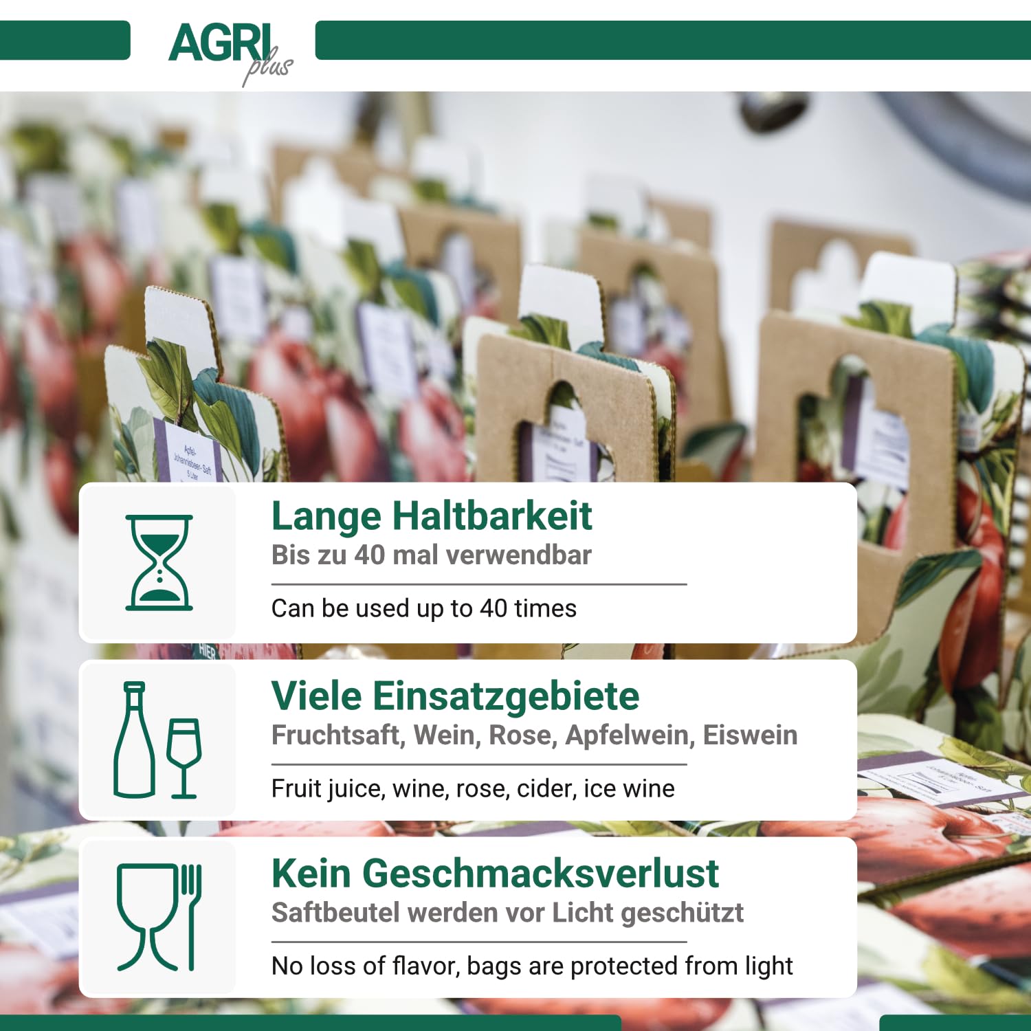 AGRI plus Scatola di cartone per sacchetti, 3 litri, 50 pezzi, senza sacchetto, scatola di cartone di alta qualità con scatola di legno, motivo mela, fino a 40 riutilizzabili, per succo di mela, succo