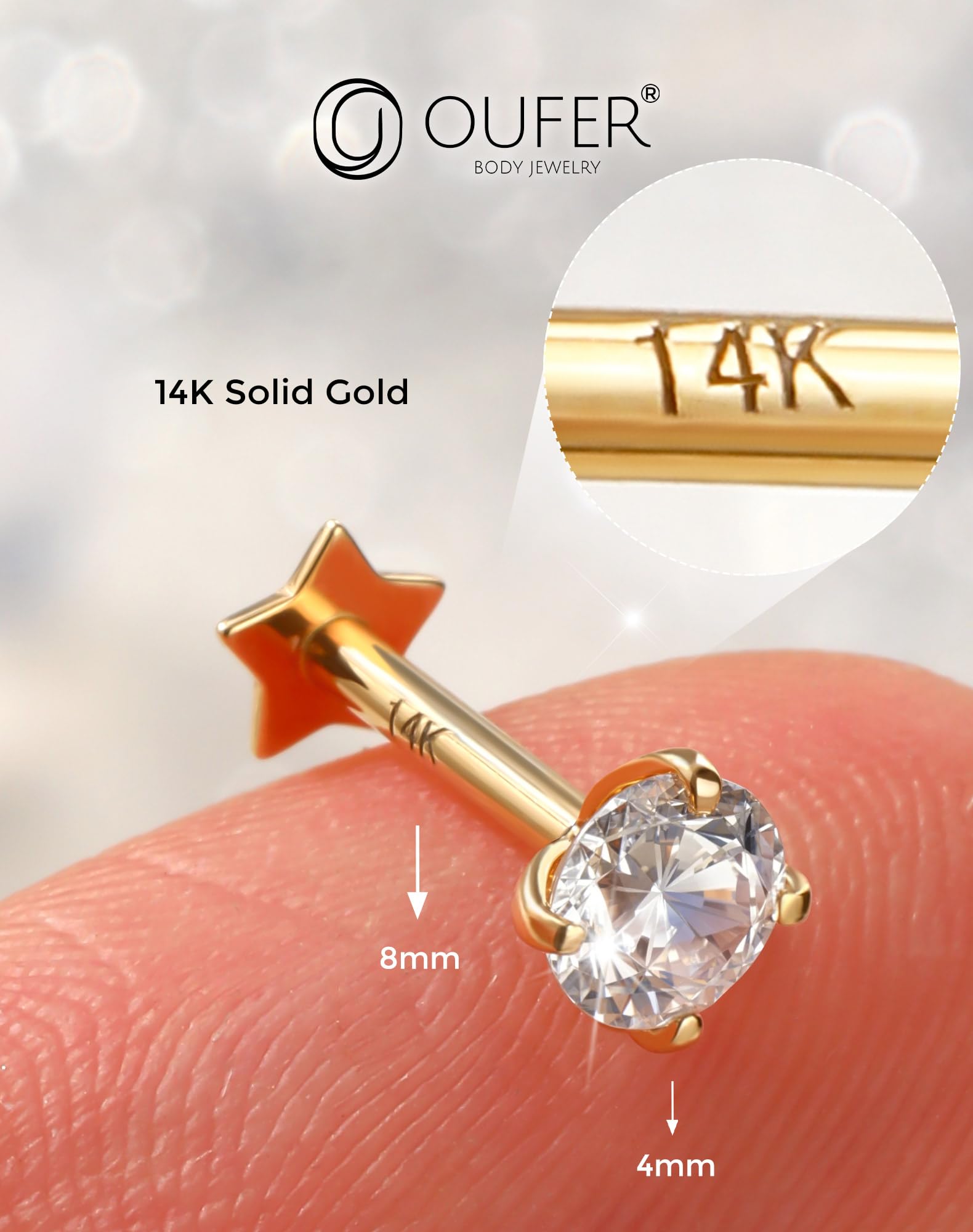 OUFER Body Piercing Threadless 14K Gold Lip Piercing Jewellery Push In Helix Earrings Piercing 16G Cartilage Earring Tragus Conch Piercing Jewellery Labret Stud Bar