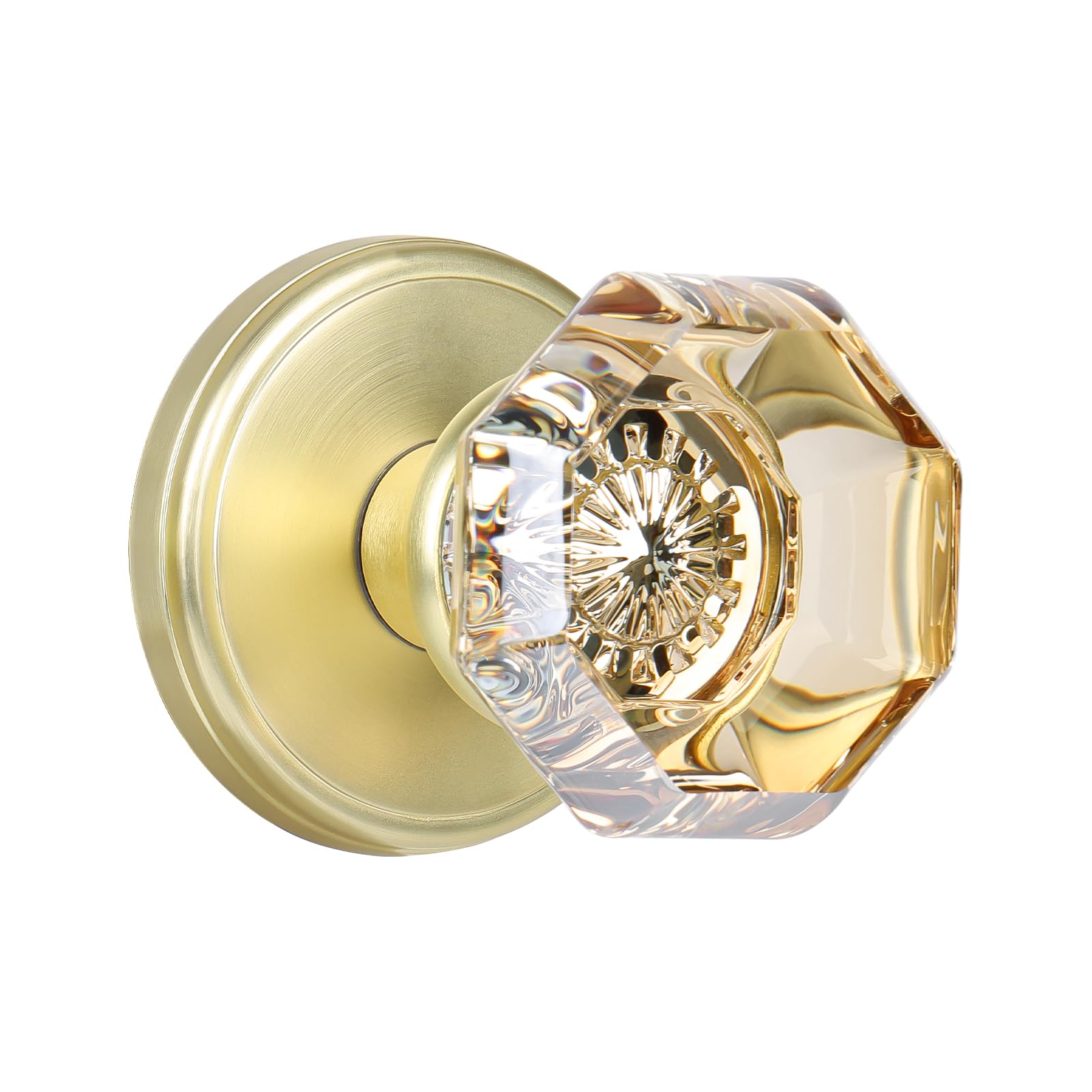 CLCTK Champagne Crystal Door Knobs Interior, Gold Satin Brass Passage Glass Door Knobs Octagon Round for Hall Closet