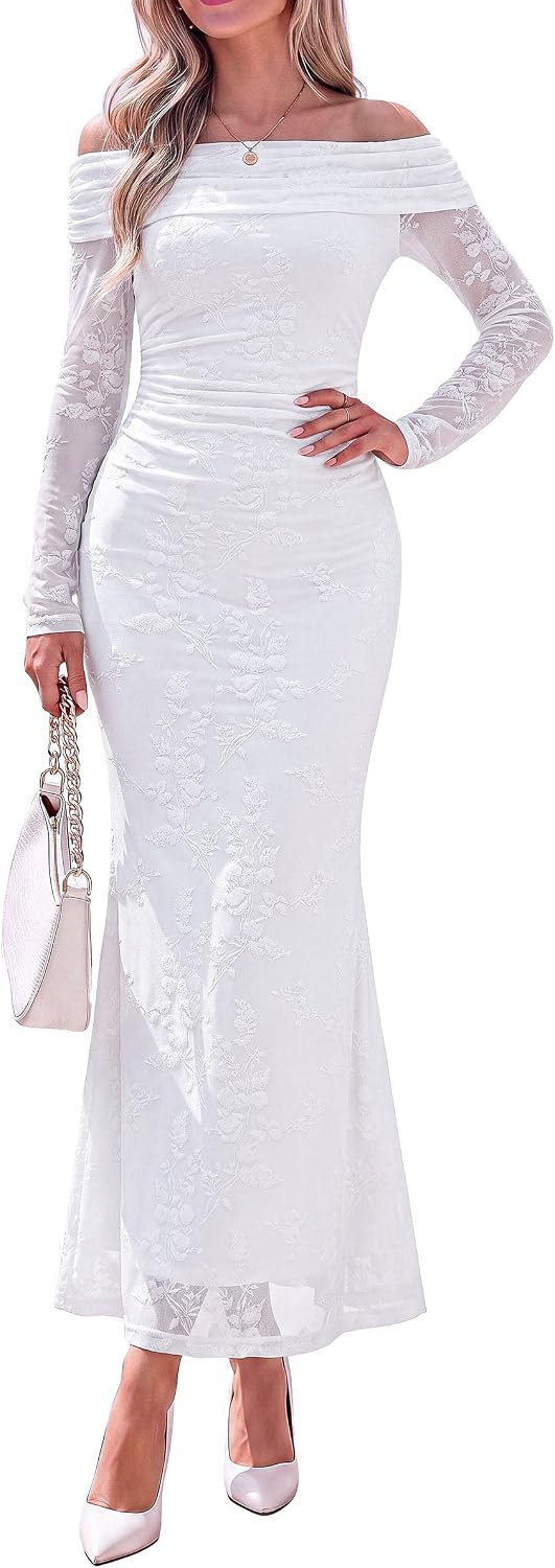 PRETTYGARDEN Womens Fall Off Shoulder Floral Maxi Wedding Guest Dress