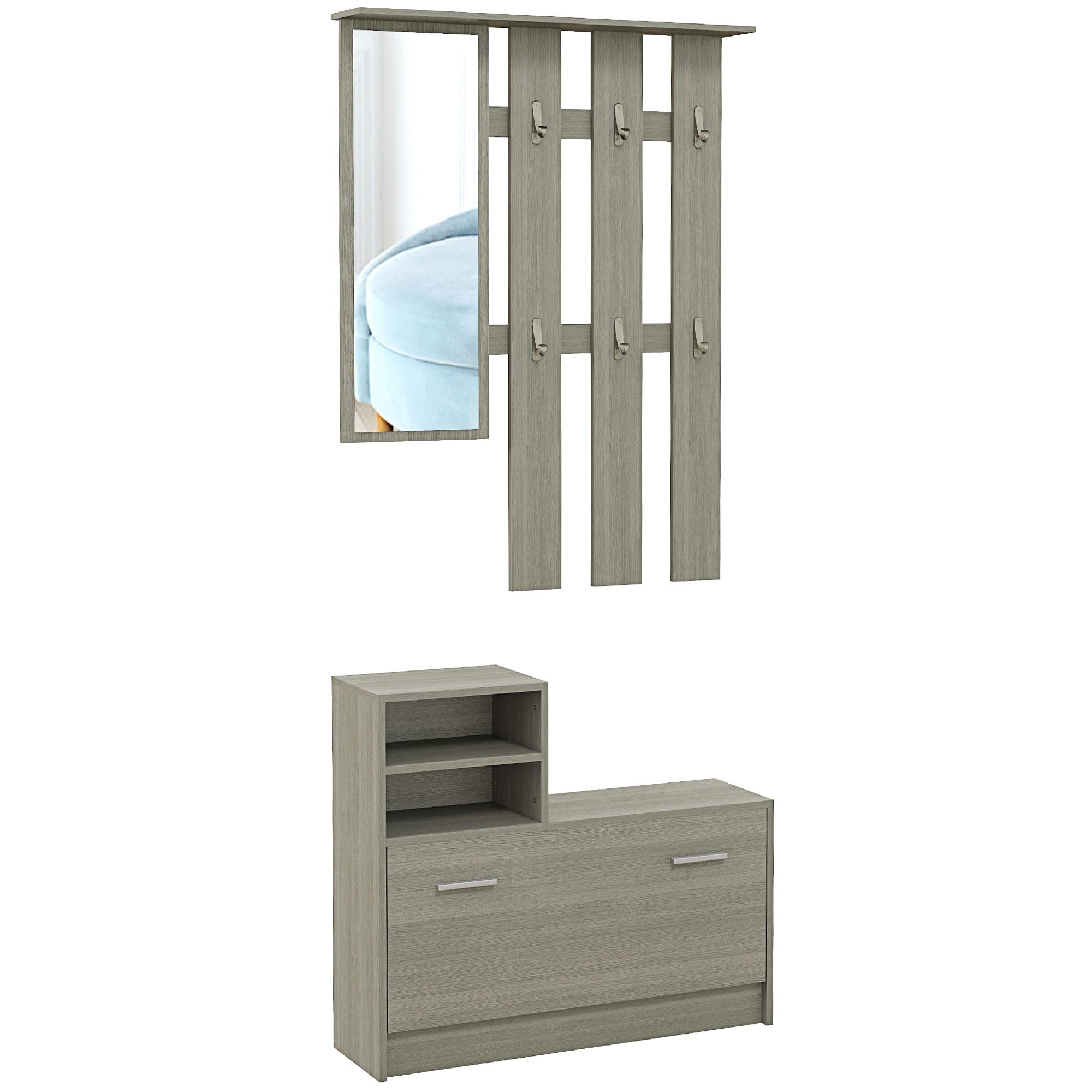 HOMCOM Set 4 in 1 Mobili da Ingresso con Appendiabiti, Specchio, Panca con Scaffale e Scarpiera per 8 Paia di Scarpe, Grigio