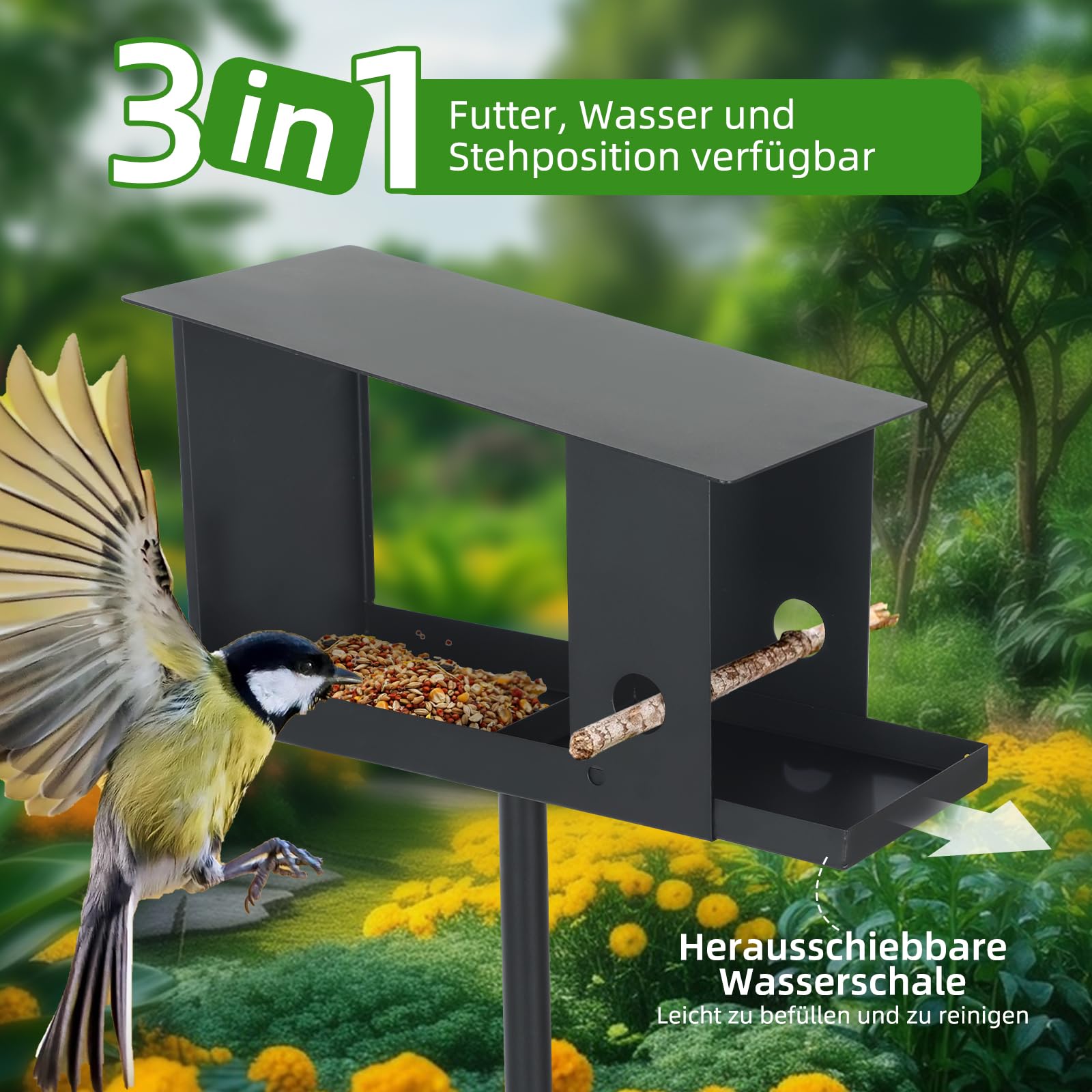 Pajarera con soporte, resistente a la intemperie, comedero para pájaros de acero inoxidable, comedero para pájaros de pie, 3 en 1, con techo de metal resistente a la intemperie, comedero para pájaros