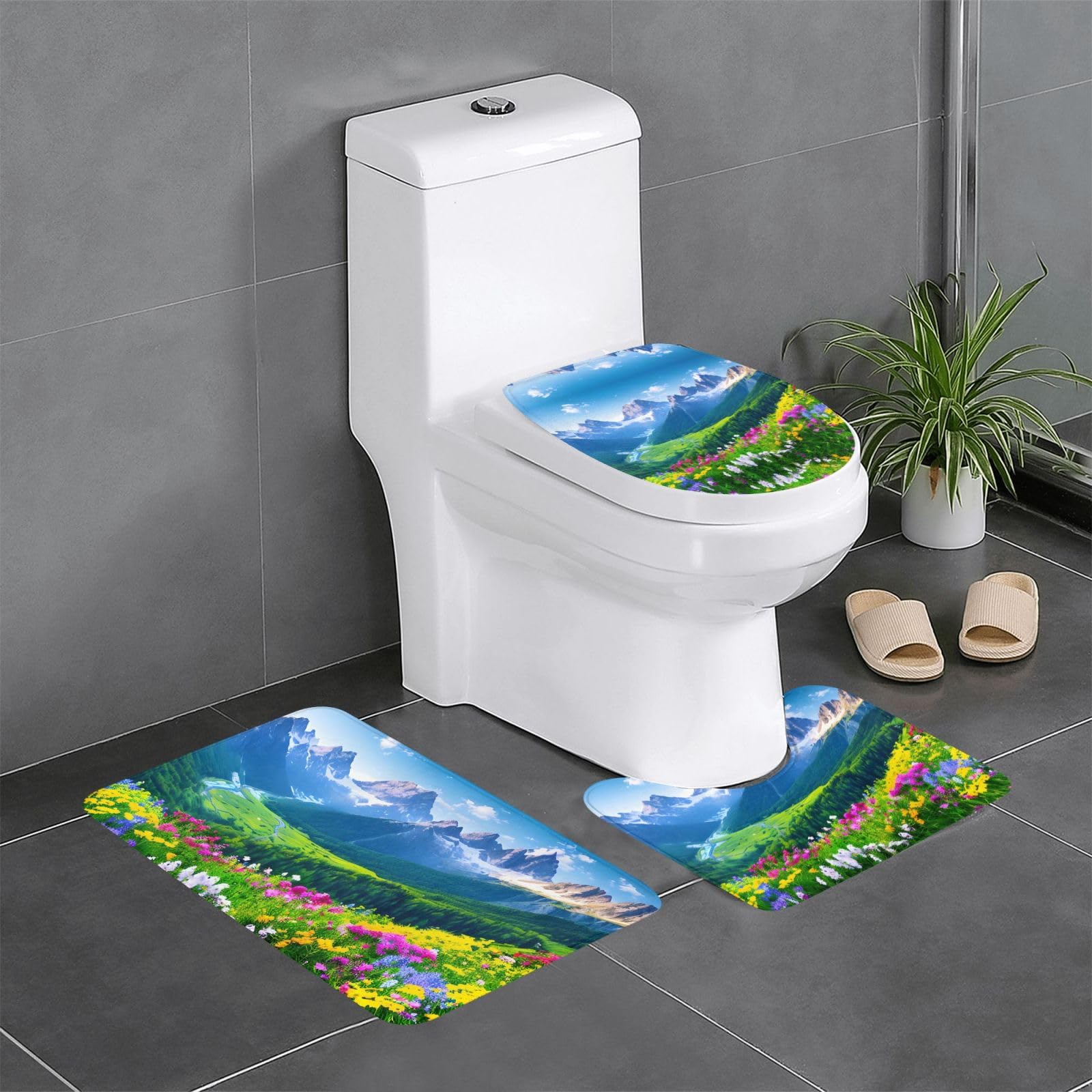 Tapis de salle de bain antidérapants lot de 3 avec motif floral de montagne pour wc