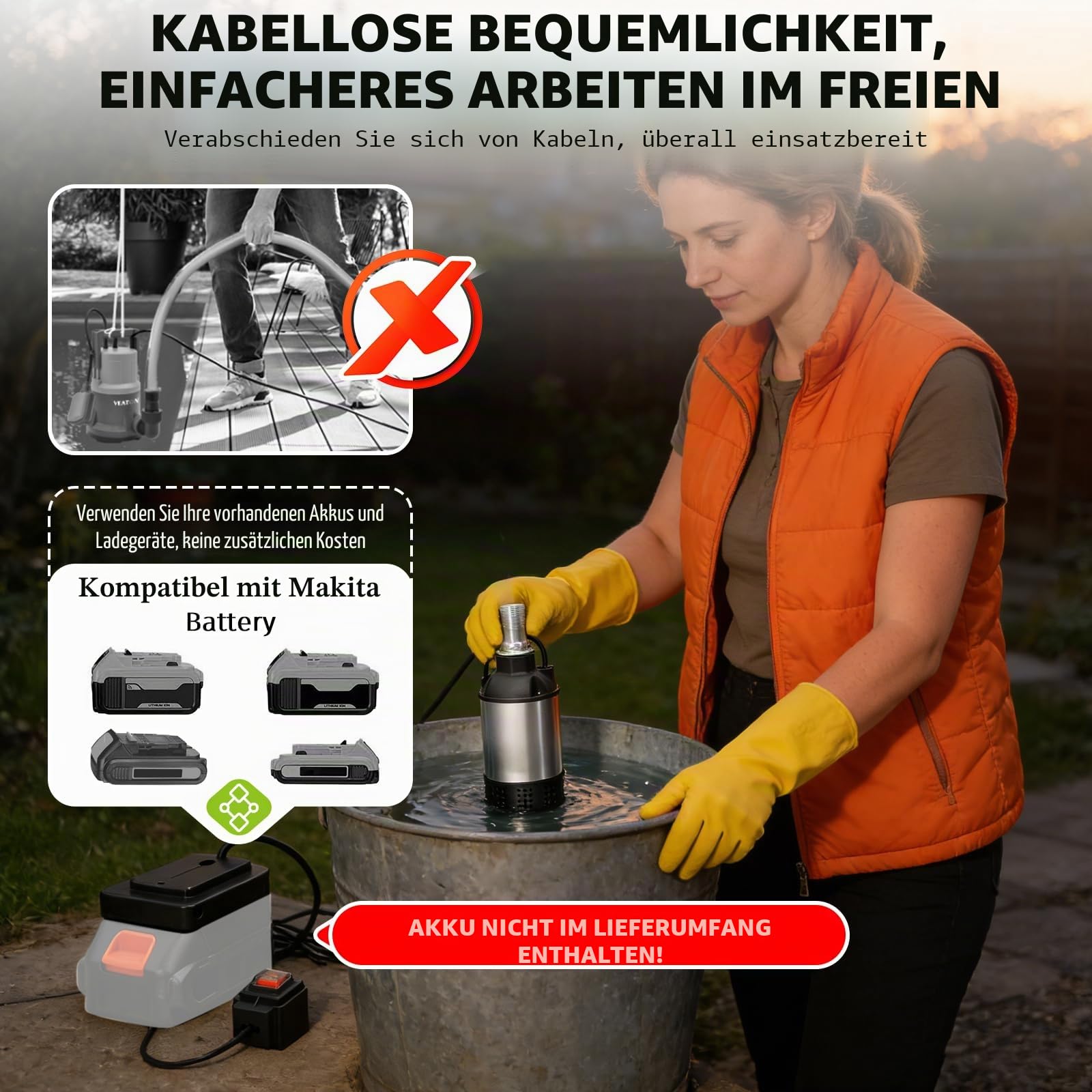 Akku Tauchpumpe 4800L/H, Schmutzwasserpumpe kompatibel mit Makita Akku