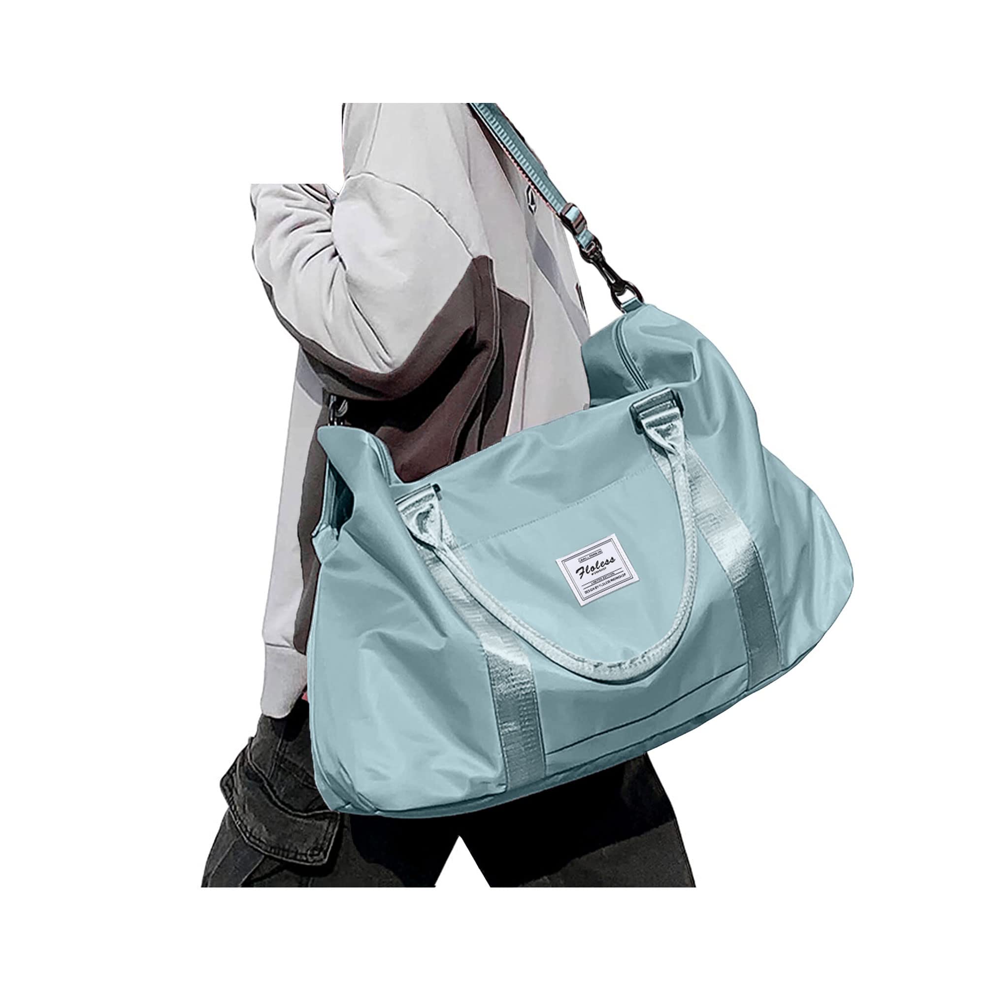 BJLFSDuffel Bag, Light Blue Nylon, 60L, Water-Resistant, Adjustable Strap, Overnight Travel, Workout, Sports Activities, Fits 15.6 Inch Laptop