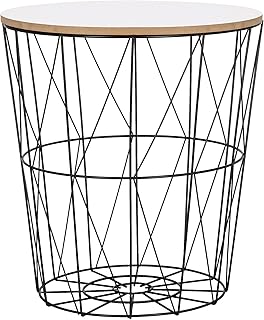 SPRINGOS Tavolino con coperchio, 45 x 40 cm (altezza x larghezza), piano del tavolo rimovibile, cestino per giornali, forma rotonda (nero/bianco, 45 x 40 x 30,5 cm)