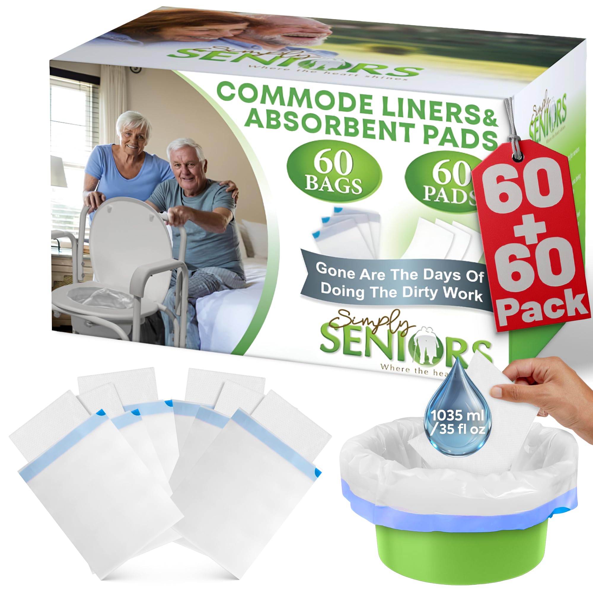 Forros de inodoro con almohadillas absorbentes – 60 forros y almohadillas para inodoro de cabecera – Bolsas de inodoro portátiles para orinal Porta y camping – No más días de lavado del cubo de la