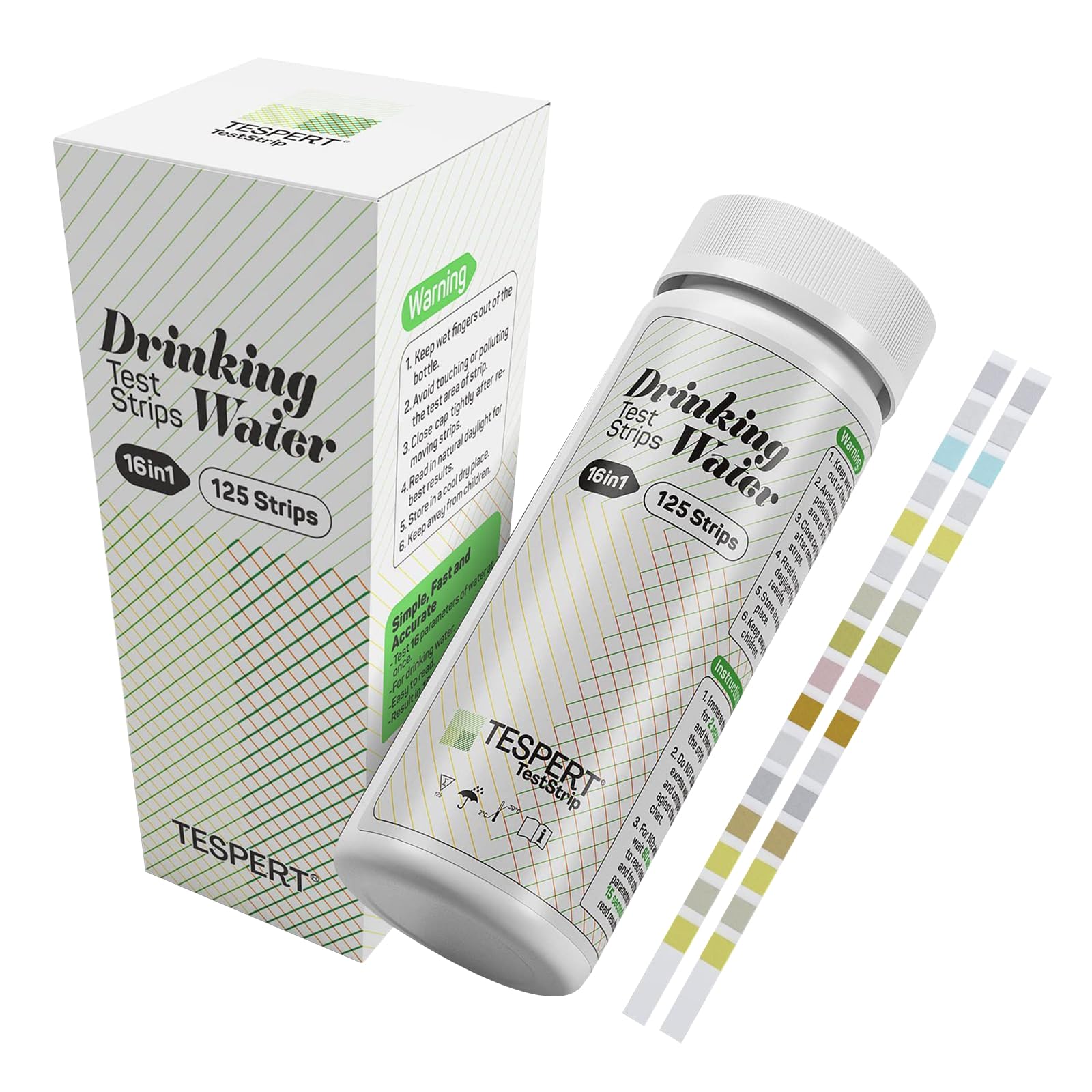 Probador de agua potable 125 x – Tiras de prueba de agua 16 en 1 para agua potable Prueba rápida – Comprobación fácil de la calidad del agua – Tiras de prueba de agua con dureza, plomo, hierro, cobre