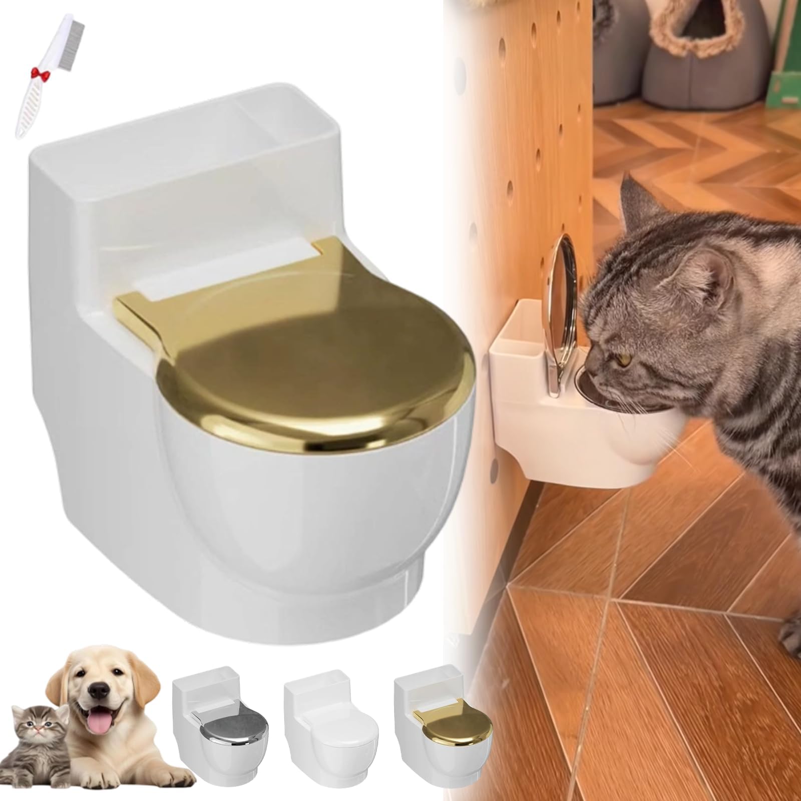 Toilet Water Bowl for Cat, Wall Mounted Stainless Steel Novelty Pet Water Dispenser Funny Hanging Drinking Dish for Cats Dogs Small Pet Feeding Station (Golden)