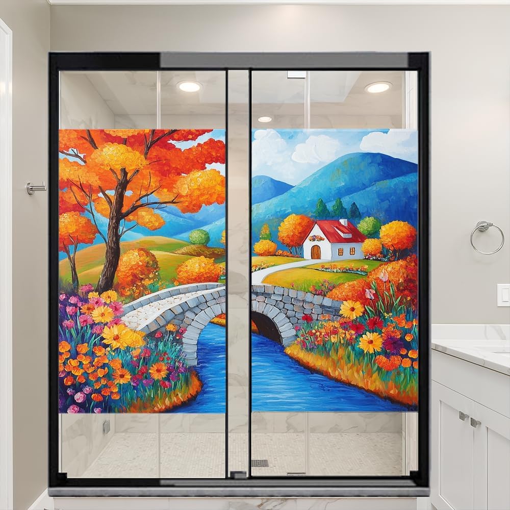 Countryside Cottage Window Film Privacy Graffiti Style Rustic Autumn House Decorative Stained Glass Decal for Home, Adhesive Window Sticker 35.4Wx63L inch x 2pcs