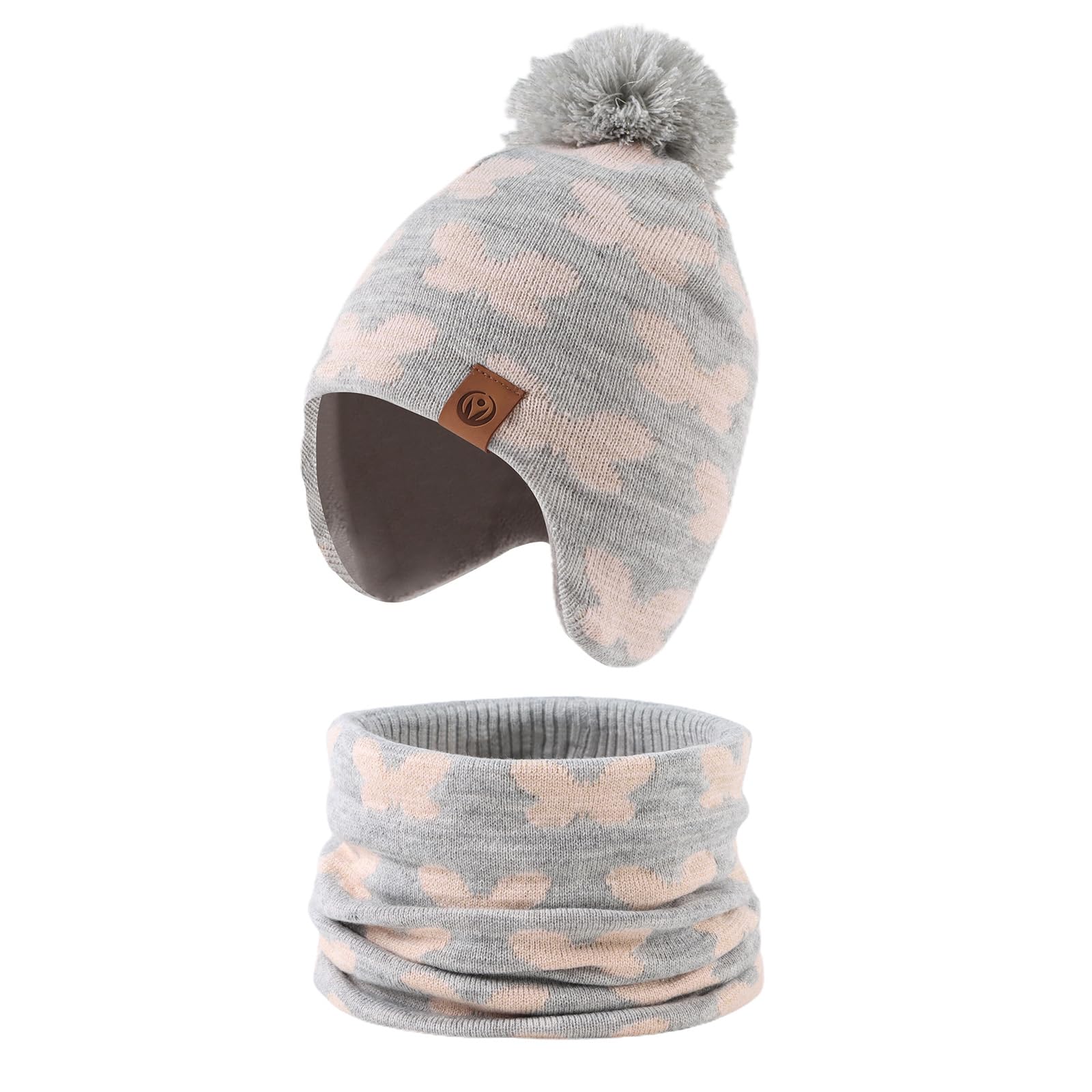 Pesaat Baby Hat Scarf Knitted Kids Beanie Toddler Boys Girls Winter Hats Fleece Lining Beanies with Pompom (Light Gray (Hat Scarf Set), S)