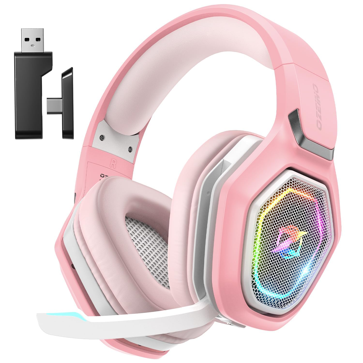Ozeino Wireless Gaming Headset for PC/Ps5/Ps4, 2.4GHz Wireless+Bluetooth Wireless Gaming Headset (Pink)