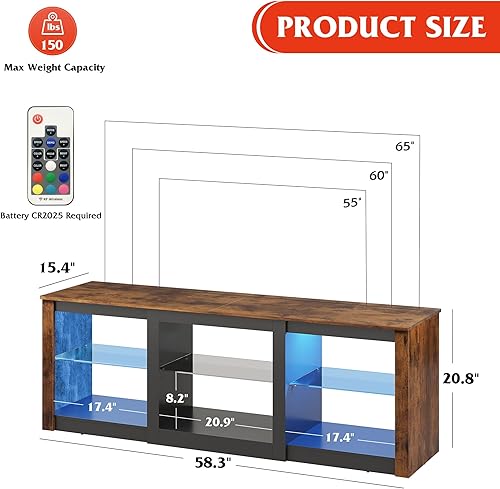 Miniatura 3 de WLIVE Soporte de TV con luces LED para televisores de hasta 65 pulgadas, centro de entretenimiento con estantes de cristal, moderno soporte de TV