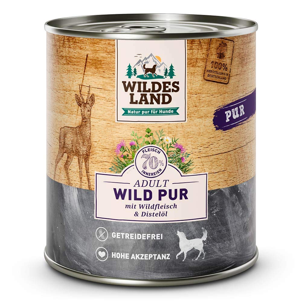 WILDES LAND – Wild | Nassfutter mit extra hohem Fleischanteil und natürlichen Zutaten für ausgewachsene Hunde. Alleinfutter ohne Zusatzstoffe in der Dose | 6x800g Wild