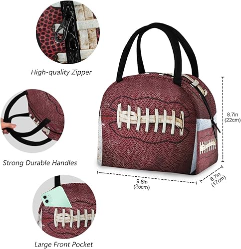 Miniatura 3 de Bolsa de almuerzo reutilizable con estampado de piel de fútbol americano realista con bolsillo frontal con cierre de cremallera térmica aislada,
