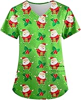 Vista 1 de Christmas Scrubs for Women Plus Size V Ncek Short Sleeve Cute Printed Hoilday Workwear Nursing Uniform with Pocket