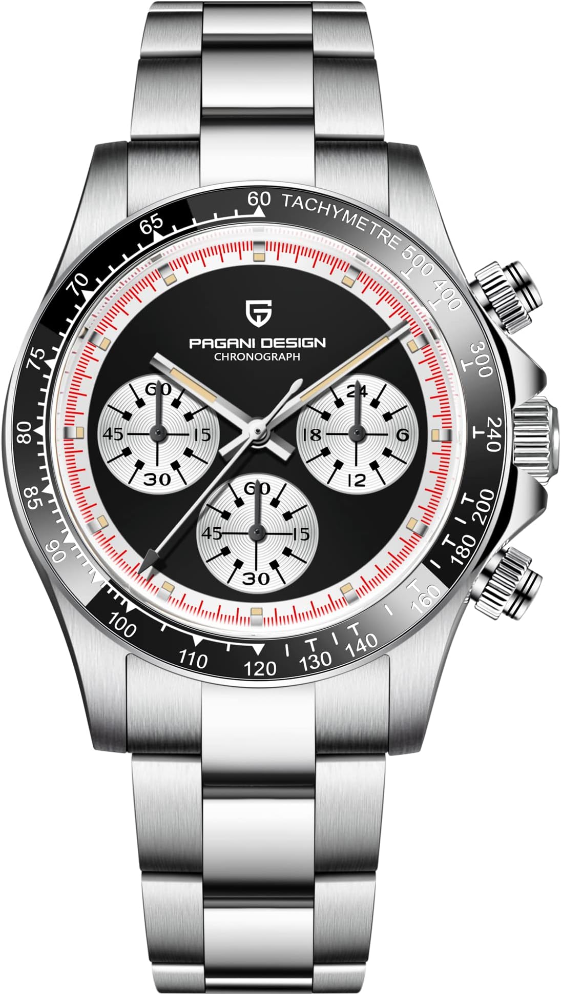 PAGRNE DESIGN Men's Watches Elegant Business Sports Quartz Watch Chronograph Wristwatches Japan VK63 Sapphire Crystal Waterproof 100M Analogue Stainless Steel