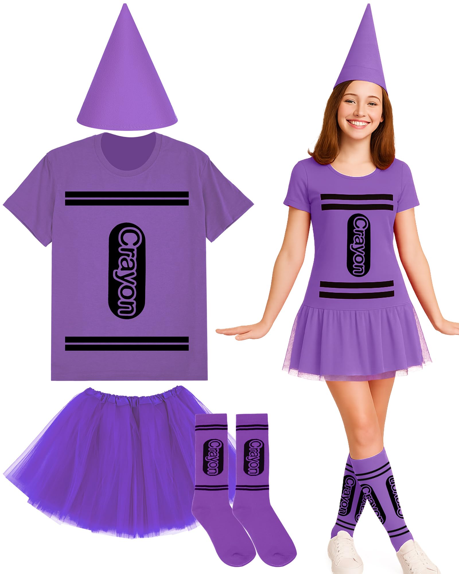 Coume Halloween Crayon Costume Set Crayon T Shirt Tutu Hat Sock Halloween Group Team Funny Shirt Tutu for Women Cosplay, Purple, Medium