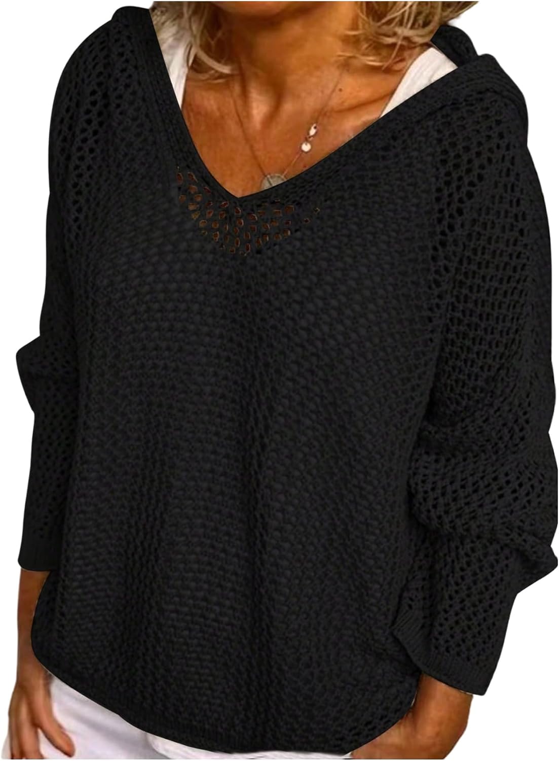 Verdusa Women's Hollow Out Crochet Beach Sweater Long Sleeve Hoodies Pullover Knitwear Cover Up Summer Tops