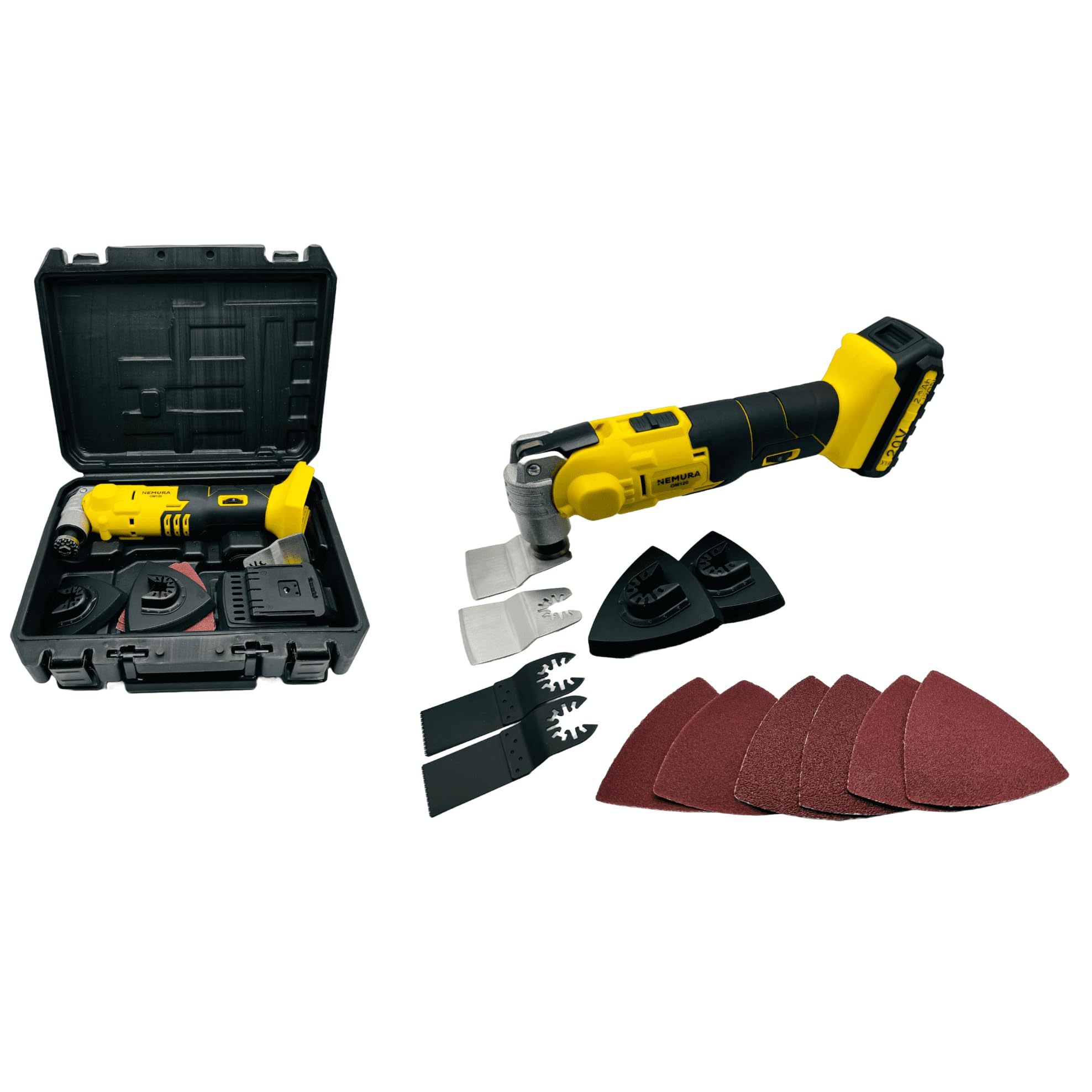 Nemura Outil multifonction 20V - Pour Scier, Découper, Gratter et Poncer - Angle d'oscillation de 3°- Livré avec Batterie 2Ah et Malette de rangement - 12 Accessoires inclus - Marque Française