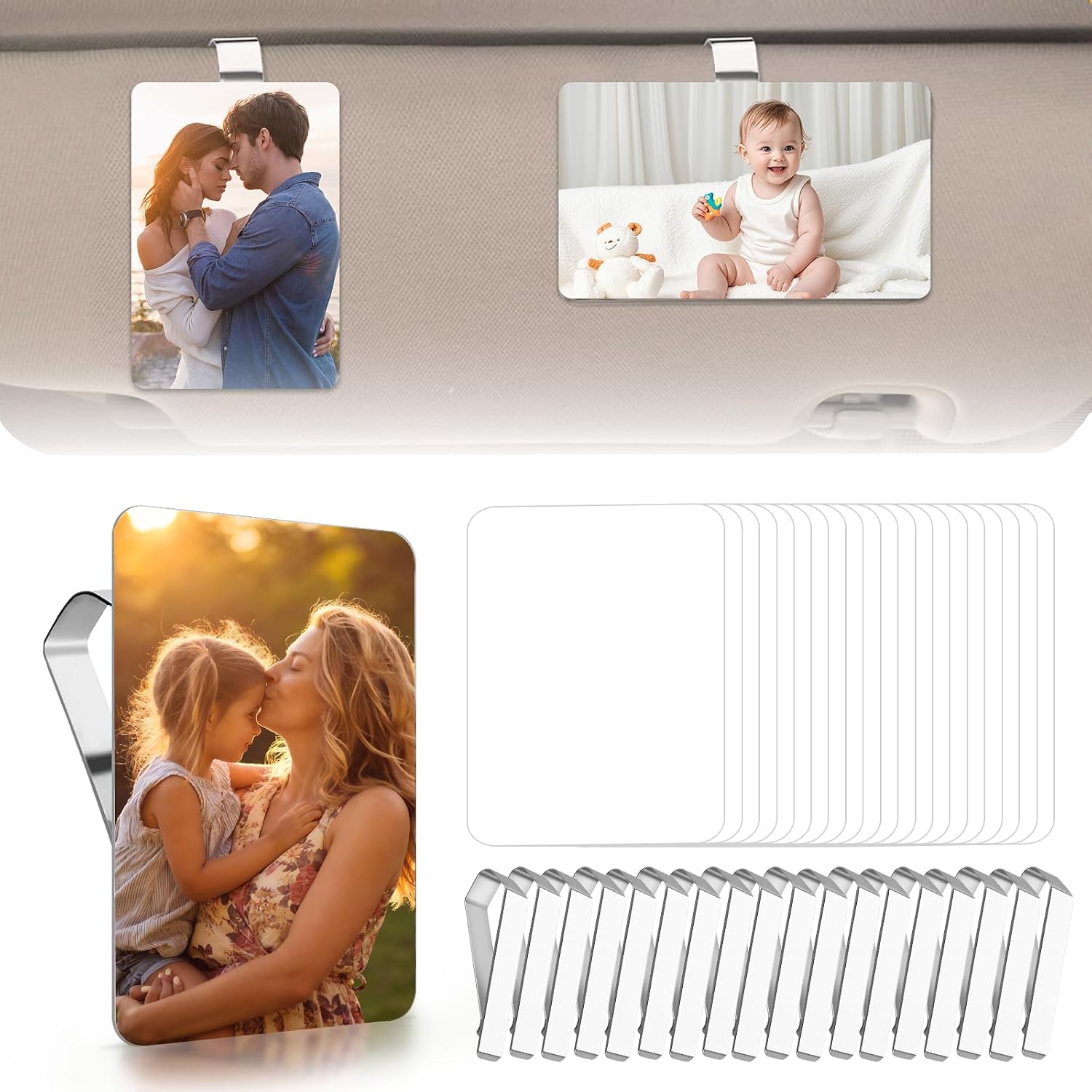 20 Pcs Sublimation Car Visor Photo Clip Blanks, Double Sided Aluminum Photo Blanks Bulk with Metal Clips, Sublimation Car Sun Visor Picture Holder for DIY Personalized Gifts, Car Decor