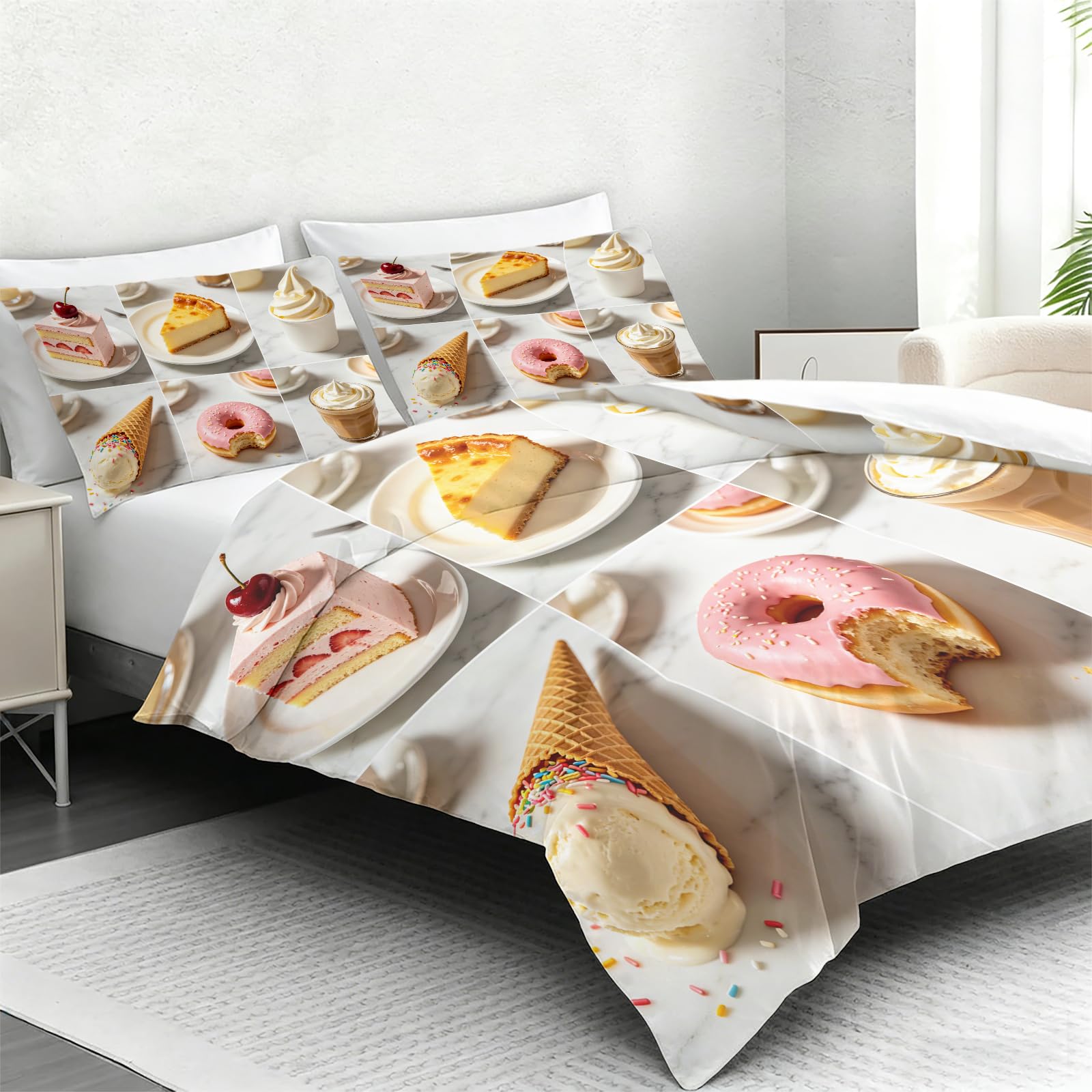 Set Copripiumino Matrimoniale 260x240 Torte e Bevande Stampa 3D Copri Piumino Cibo Delizioso Piumino in Morbido Microfibra Copripiumini con Chiusura Lampo e 2 Federa 50x80 2062-M