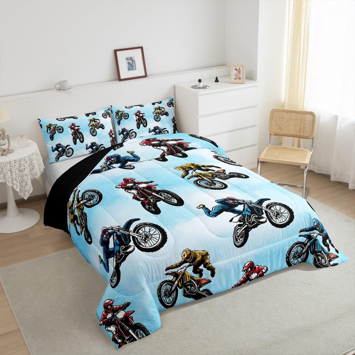 Erosebridal Dirt Bike Bedding Set Full Size, Extreme Sport Comforter Set for Kids Boys Teens, Motorbike Sport Quilted Comforter Motocross Rider Bedding Comforters 3 Pieces with 2 Pillow Cases, Blue