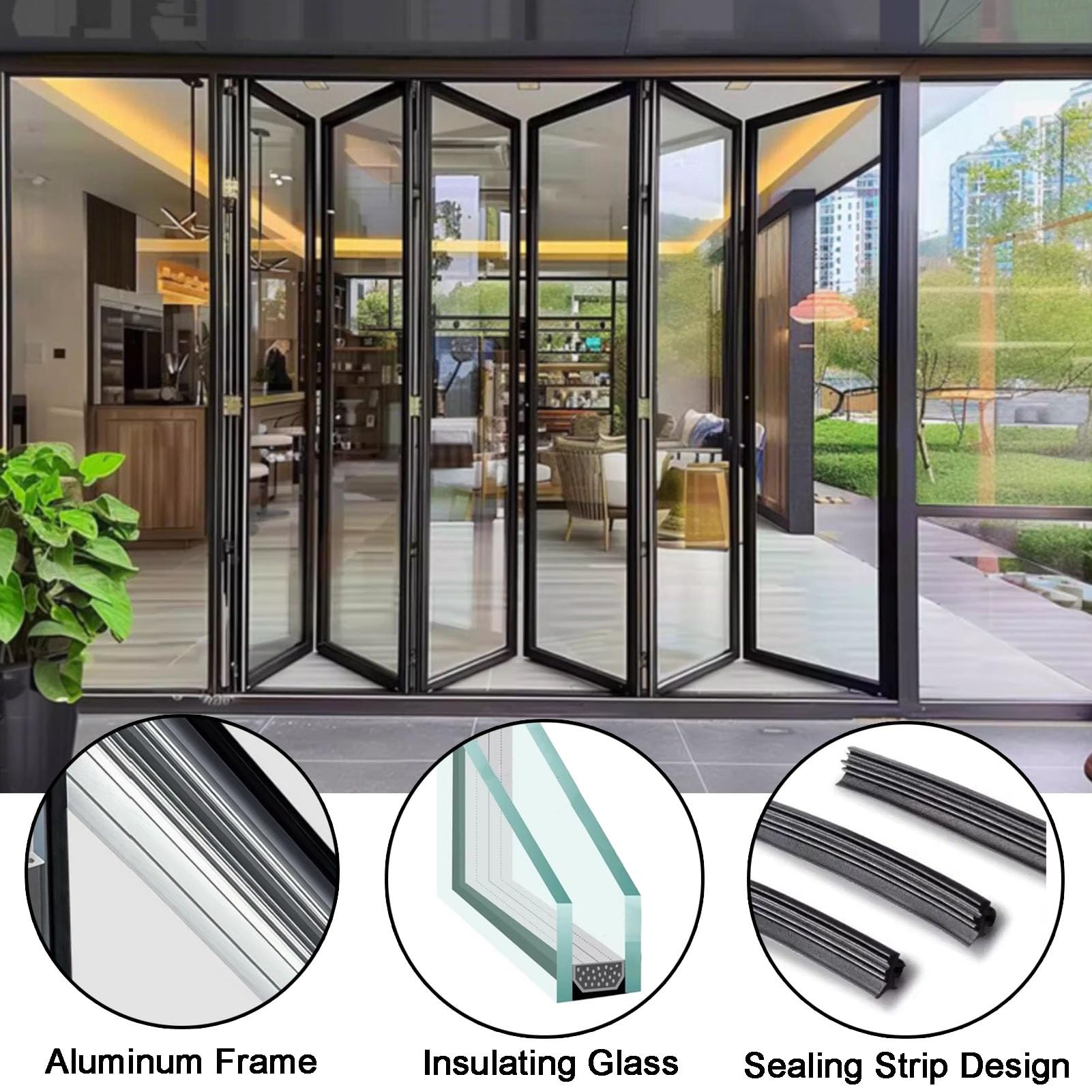 Porte coulissante rétractable à deux volets, cadre en aluminium avec verre isolant trempé, cloison pliable pour la maison, le bureau, le magasin