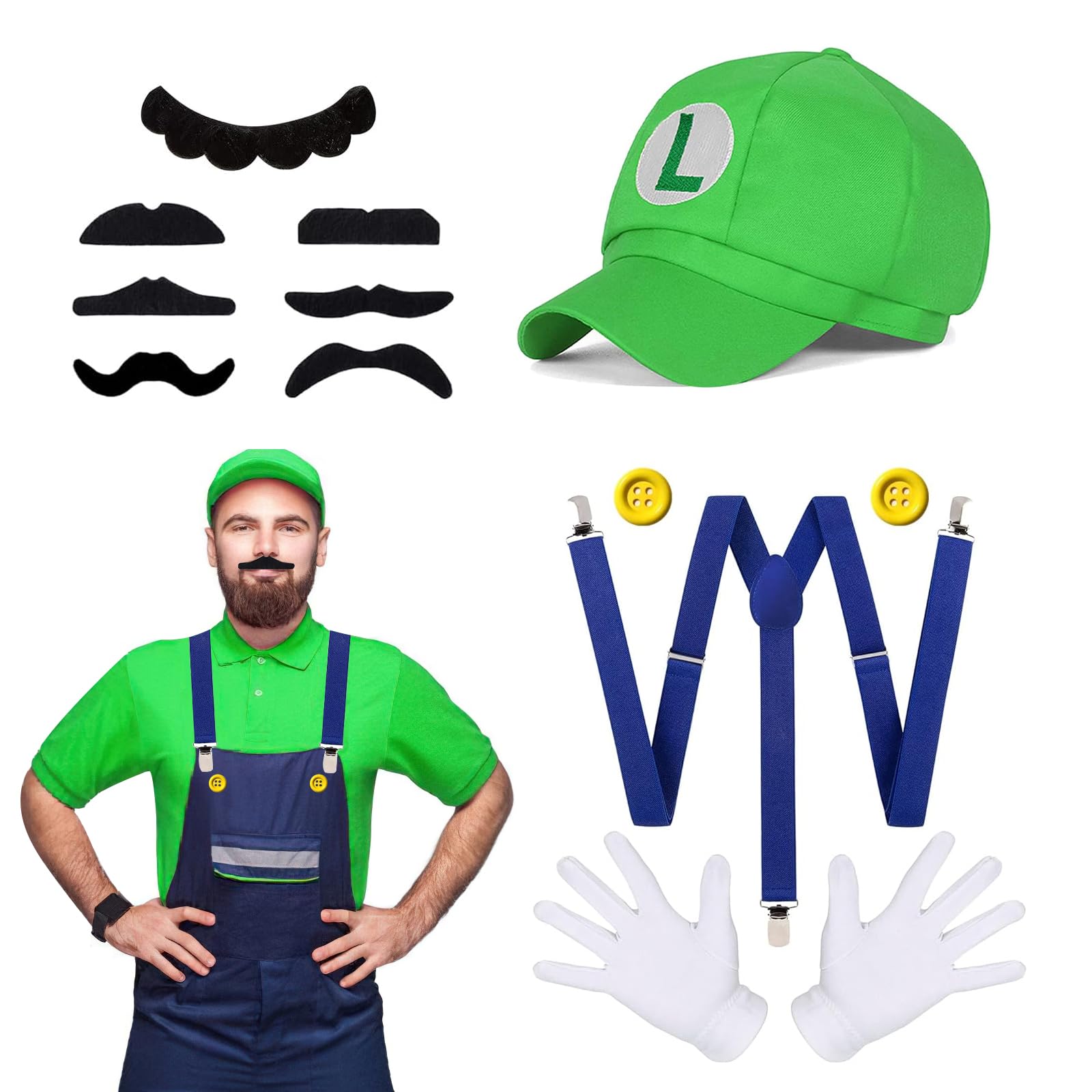 Disfraz Luigi Bros,FainFun Set de Accesorios Bros Classic Disfraces,Sombreros Verde Bigote Guantes Botón Tirantes Cosplay Disfraz Accesorios,Mujeres Hombres Niños Mardi Gras Fiesta Carnaval