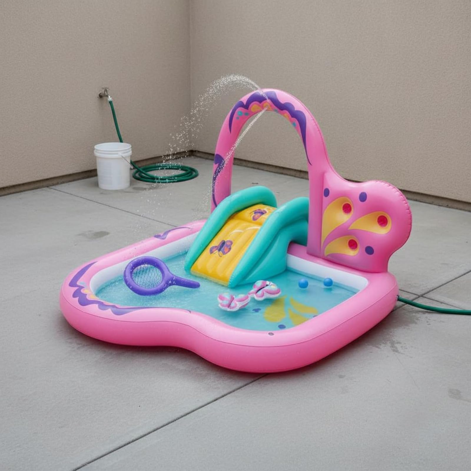 Piscine Gonflable Papillon Gonflage Rapide Bassin de Jeu avec Toboggan Structure Sécurisée Parc Aquatique pour Enfants