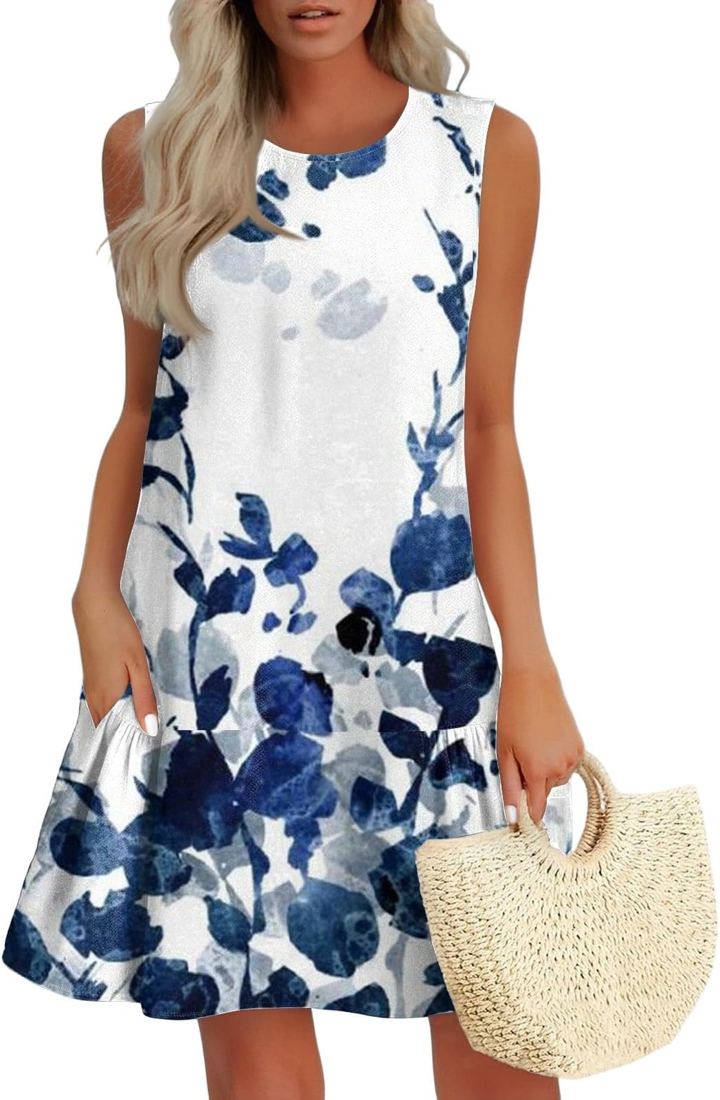 Beach Dresses for Women 2025 Vacation,Todays Daily Deals Casual Floral Boho Sundresses Summer Sleeveless Tank Dress Ruffle A-Line Hawaiian Mini Dress Beach Vacation Clothes Light Blue M