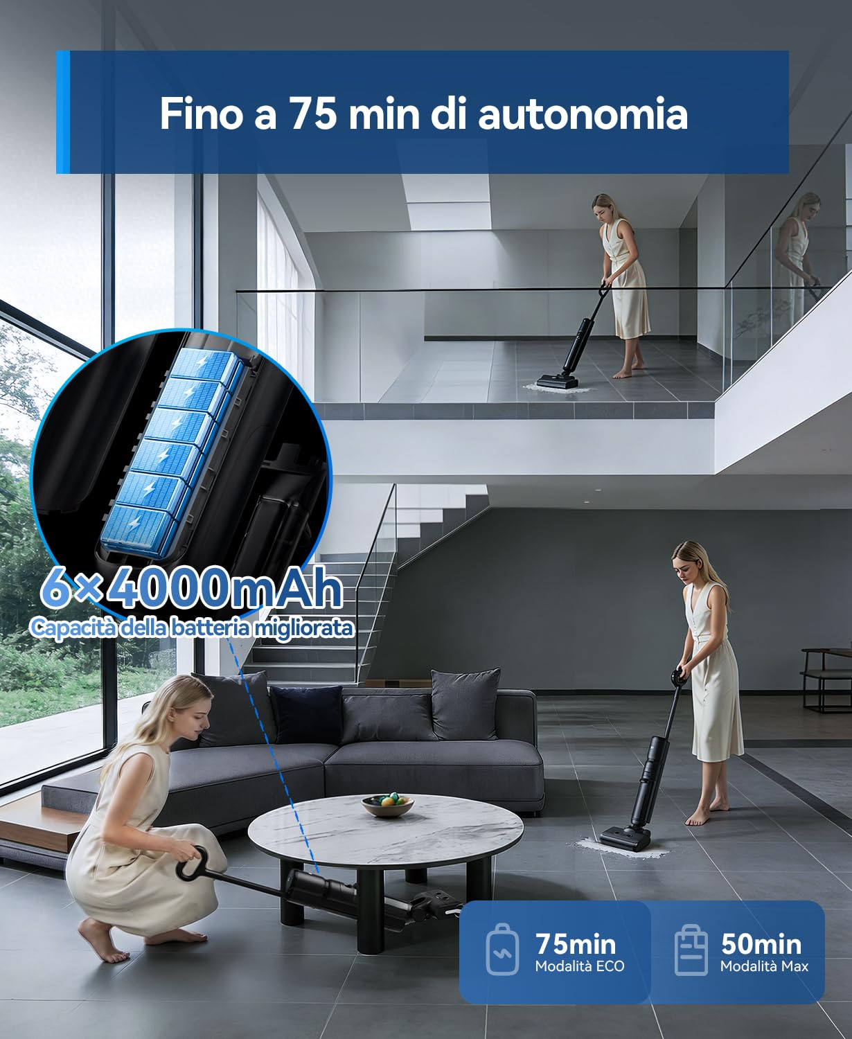H13 Aspirapolvere Lavapavimenti Senza Fili, 23.000 Pa, 75 Min Autonomia, Aspirapolvere Lavapavimenti 2 in 1, Lavapavimenti Senza Filo per Pavimenti Duri e Peli di Animali