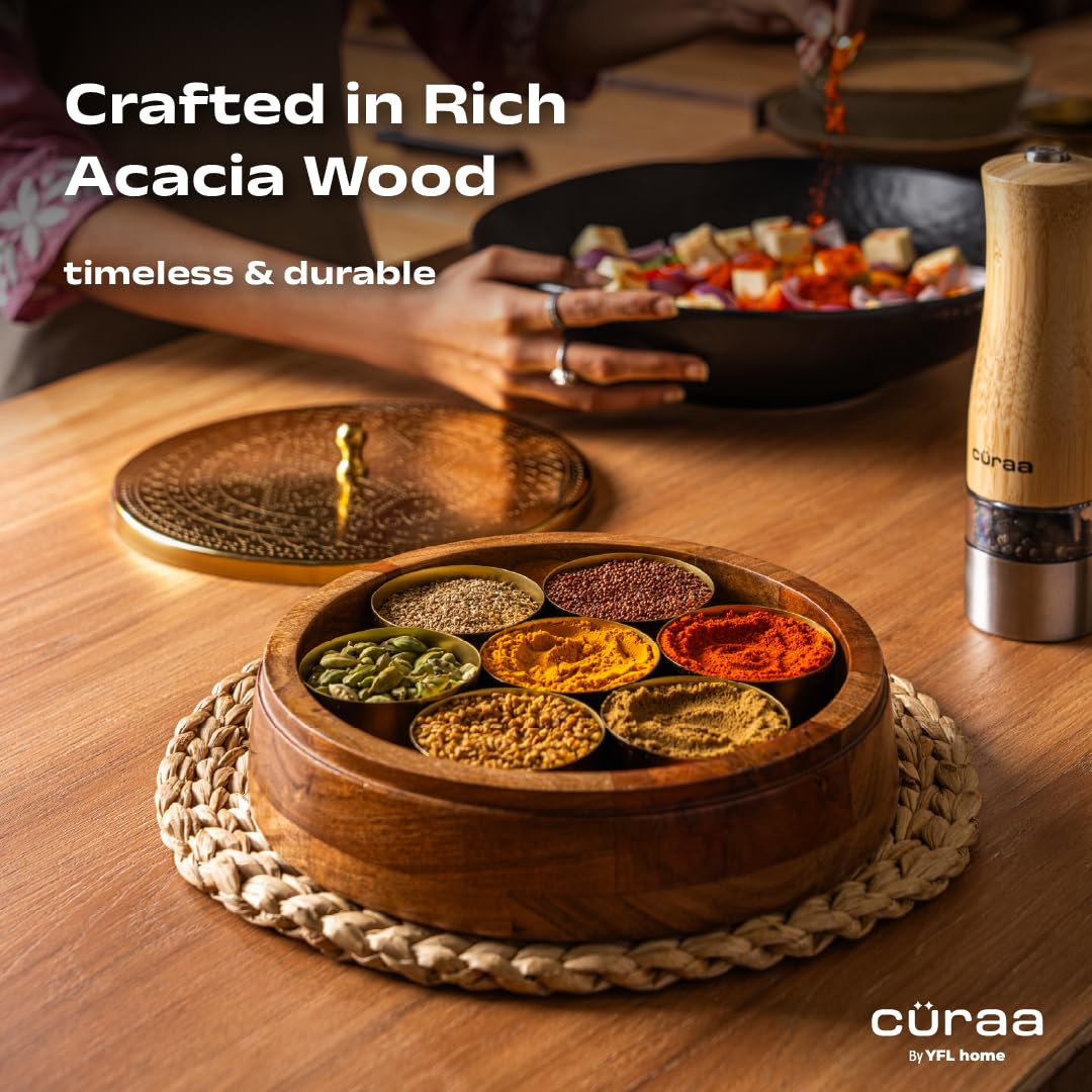 CÜRAA Masala Dani | Acacia Wood Masala Dabba by Chef Sanjyot Keer | Spice Box for Kitchen with 7 Detachable Containers & Spoon | 120ml Each | Gift for Home — Amazon image 5