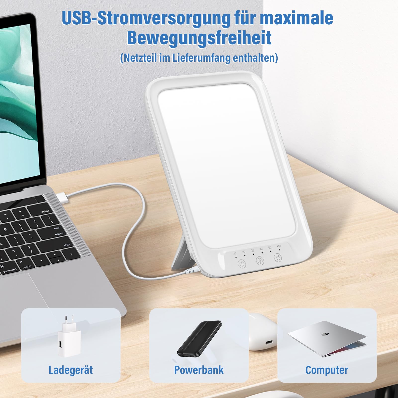 NIKYJM Lampada che Simula la Luce Naturale del Giorno 20mila lux, Lampada SAD per Benessere nei Mesi con poco Sole, Compatta per Scrivania o da Viaggio e Regolazione Variabile, Tecnologia LED