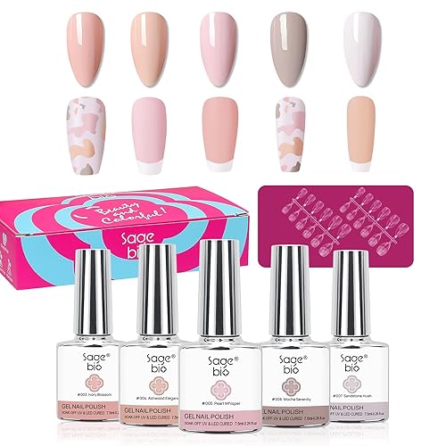 Juego de esmaltes de uñas de gel de 5 colores nude con 24 puntas de uñas cortas de almendra, esmalte de gel UV, kit de manicura de gel para otoño e