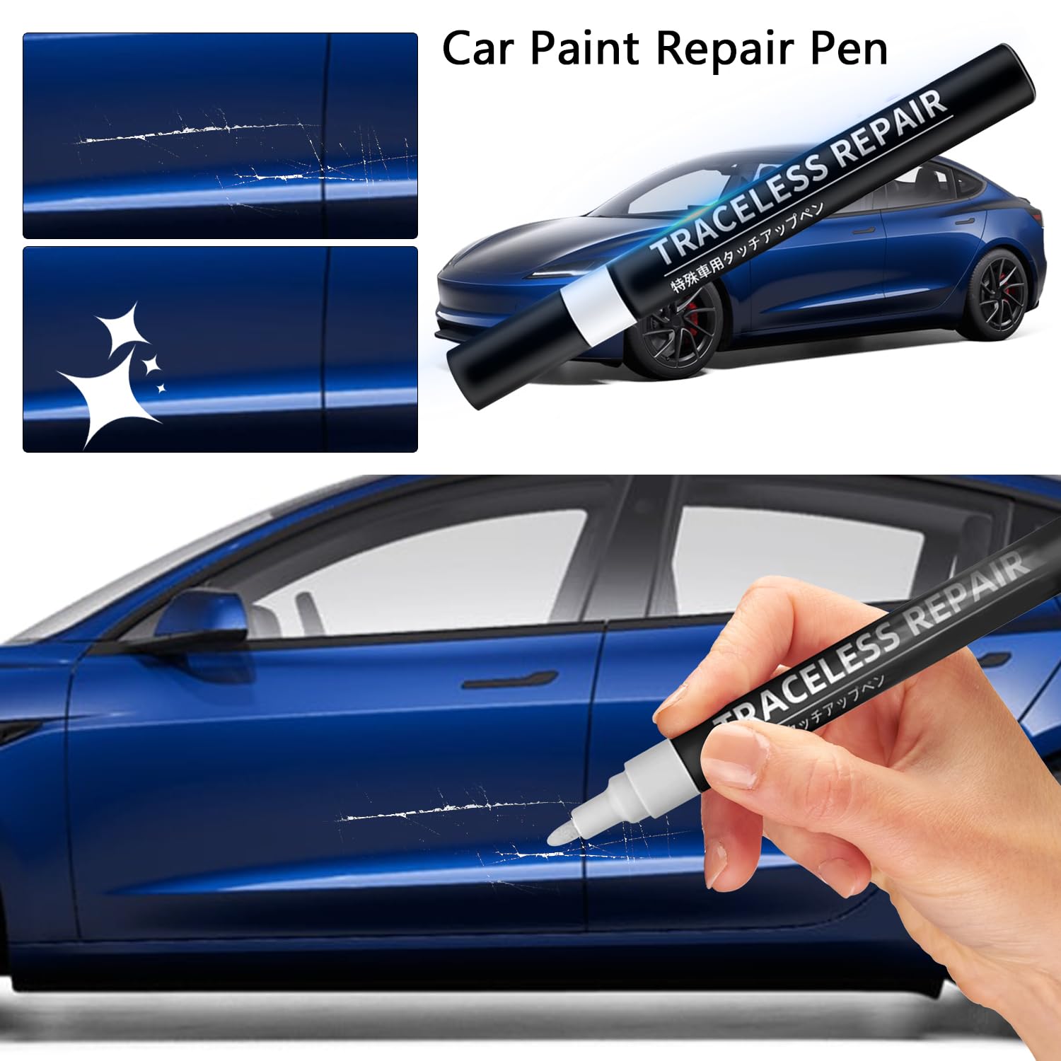 Lakier do Tesla Model Y 3 X S zestaw naprawczy do lakieru, pisak i pędzel 2 w 1, farba samochodowa do naprawy krawędzi, zadrapań, 1 sztuka (Deep Blue Metallic PPSB)
