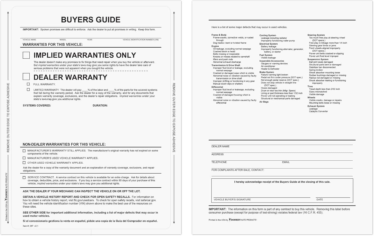 1-part自己粘着Buyers Guide &ndash; Implied保証(フォーム# bg-implied保証no lines ) 1パ