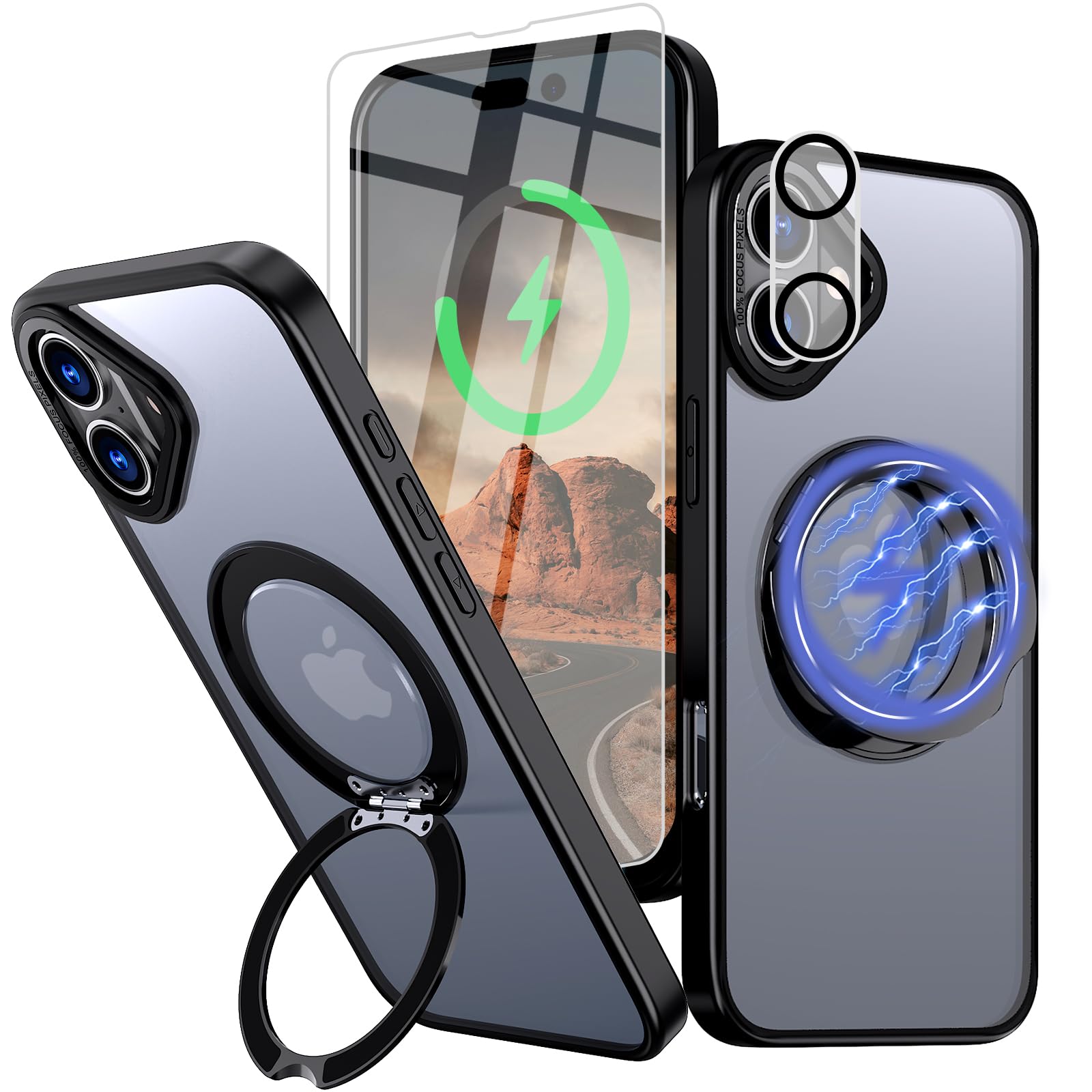 for iPhone 16 Case with Screen Protector & Lens Protector [15 FT Military Drop Protection] Magnetic Kickstand Compatible with MagSafe Slim Translucent Case (Black) iPhone 16 (6.1") Black