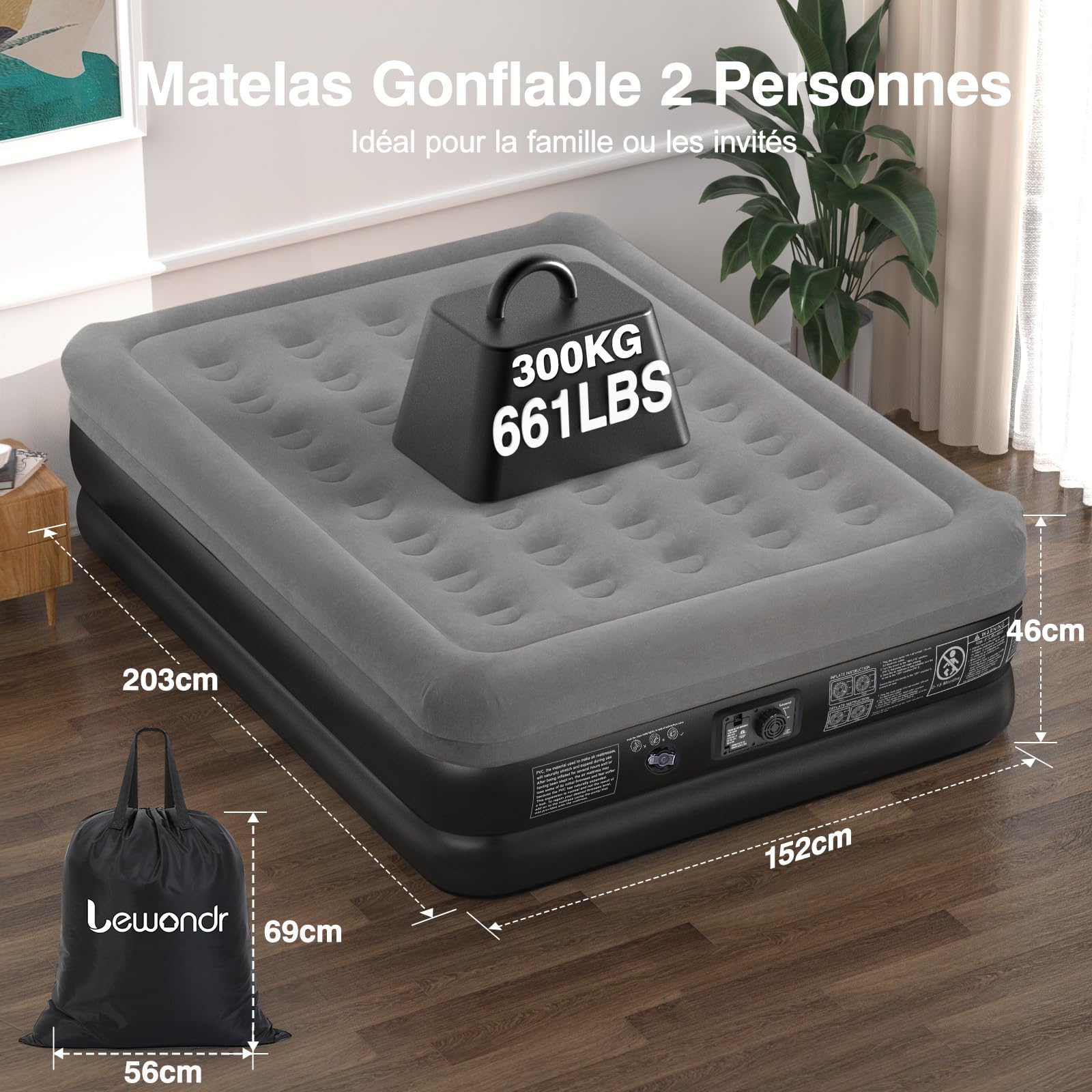 Lewondr Matelas Gonflable 2 Personnes, 203x152x46CM, Gris | Pompe Intégrée, Gonflage Rapide en 3 Minutes, Pour Camping Maison Invités Voyages, 300kg MAX