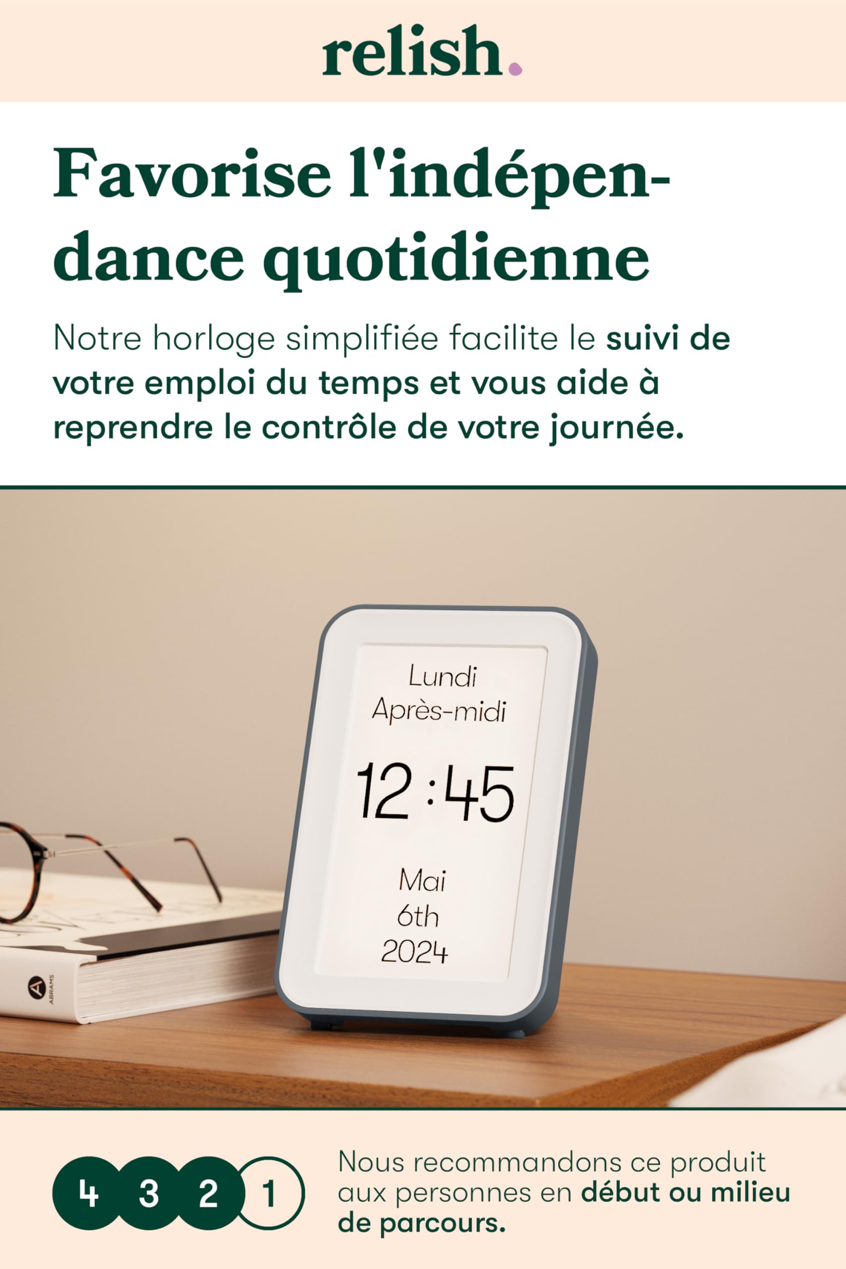 Relish Day Connect (NOUVEAU 2024) – Horloge pour démence, Horloge numérique calendrier grand écran HD pour les personnes âgées et les personnes souffrant de perte de mémoire avec grands chiffres, jour