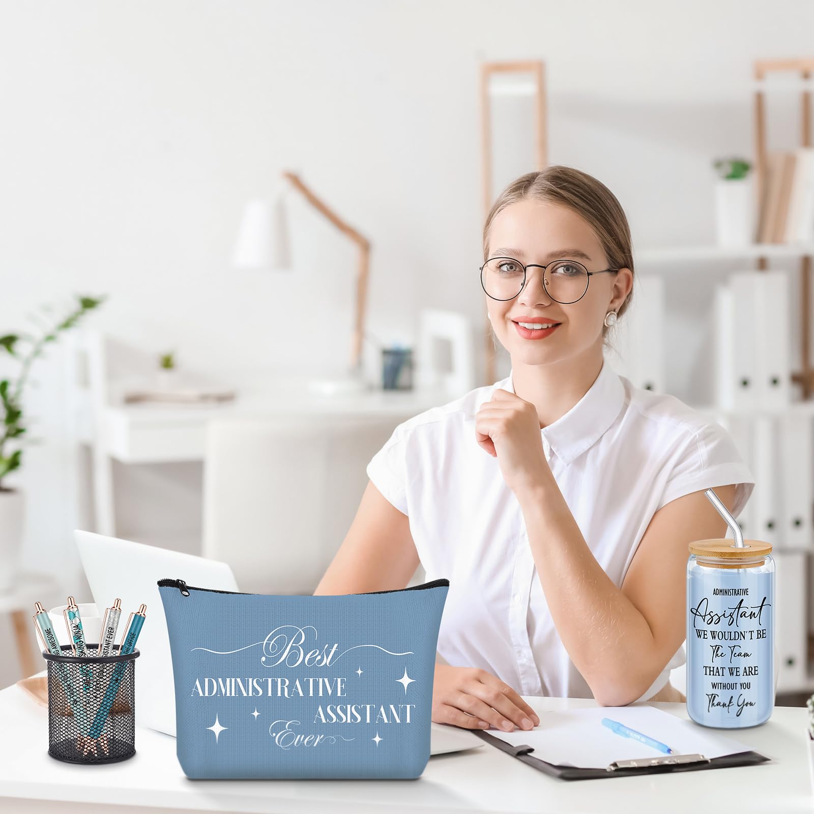 Skylety 7 Pcs Administrative Assistant Gifts Set 16oz Glass Tumbler Makeup Bag Ballpoint Pens Notebook Admin Professional Day Secretary Thank You Gift for Women Lady Coworkers Office