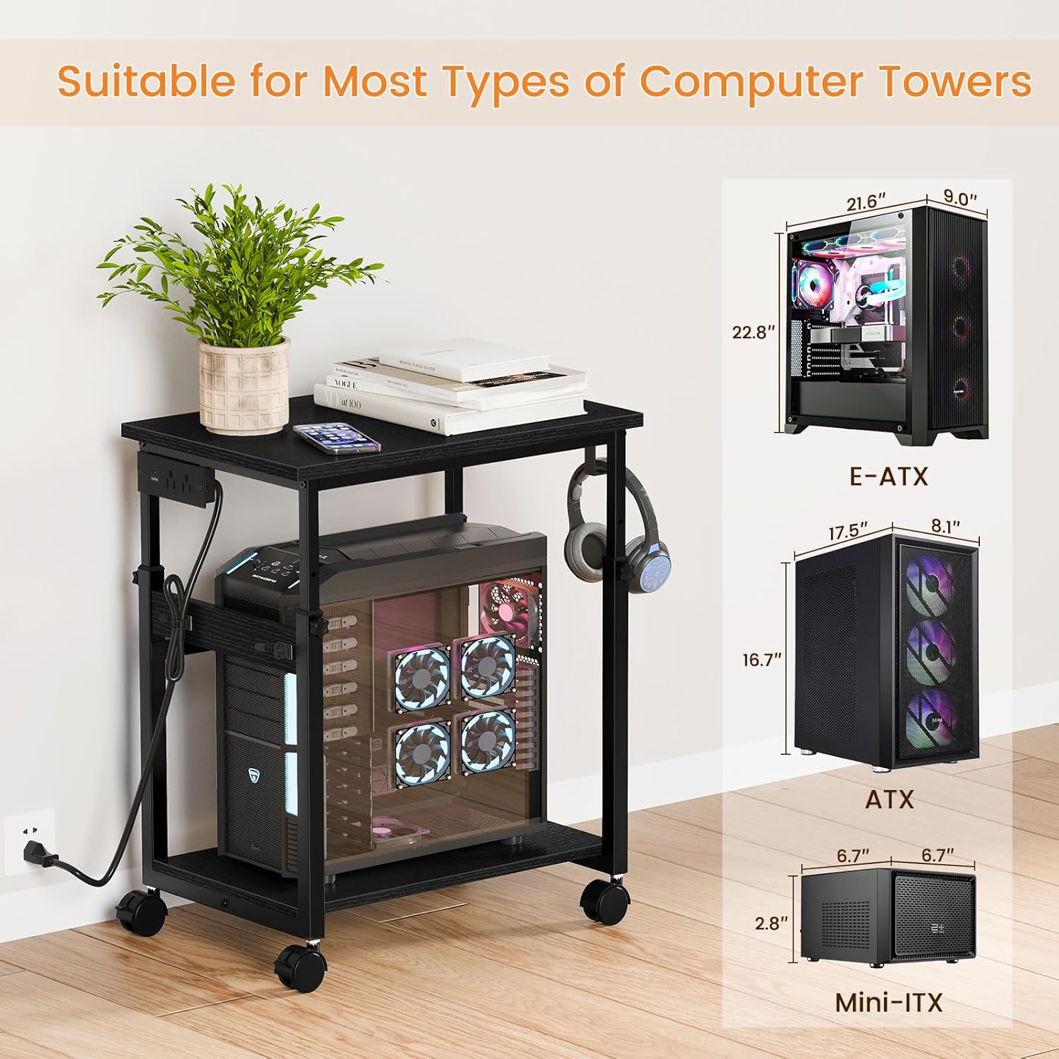 Snughome Extra-Large Computer Tower Stand with Charging Station, Adjustable PC Tower Stand for Floor 25.2"-36.22", PC Stand with Locking Wheels Mobile Rolling CPU Holder Cart for Gaming Office Home