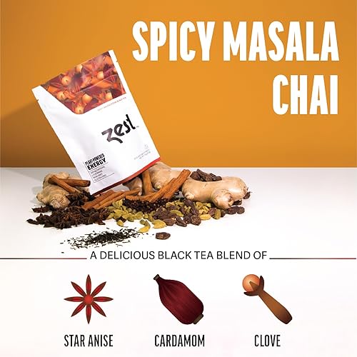 Miniatura 5 de Zest - Mezcla de hojas energéticas de alta cafeína de 150 mg, té negro Masala Chai picante, bolsa de 20 unidades, alternativa de café saludable con
