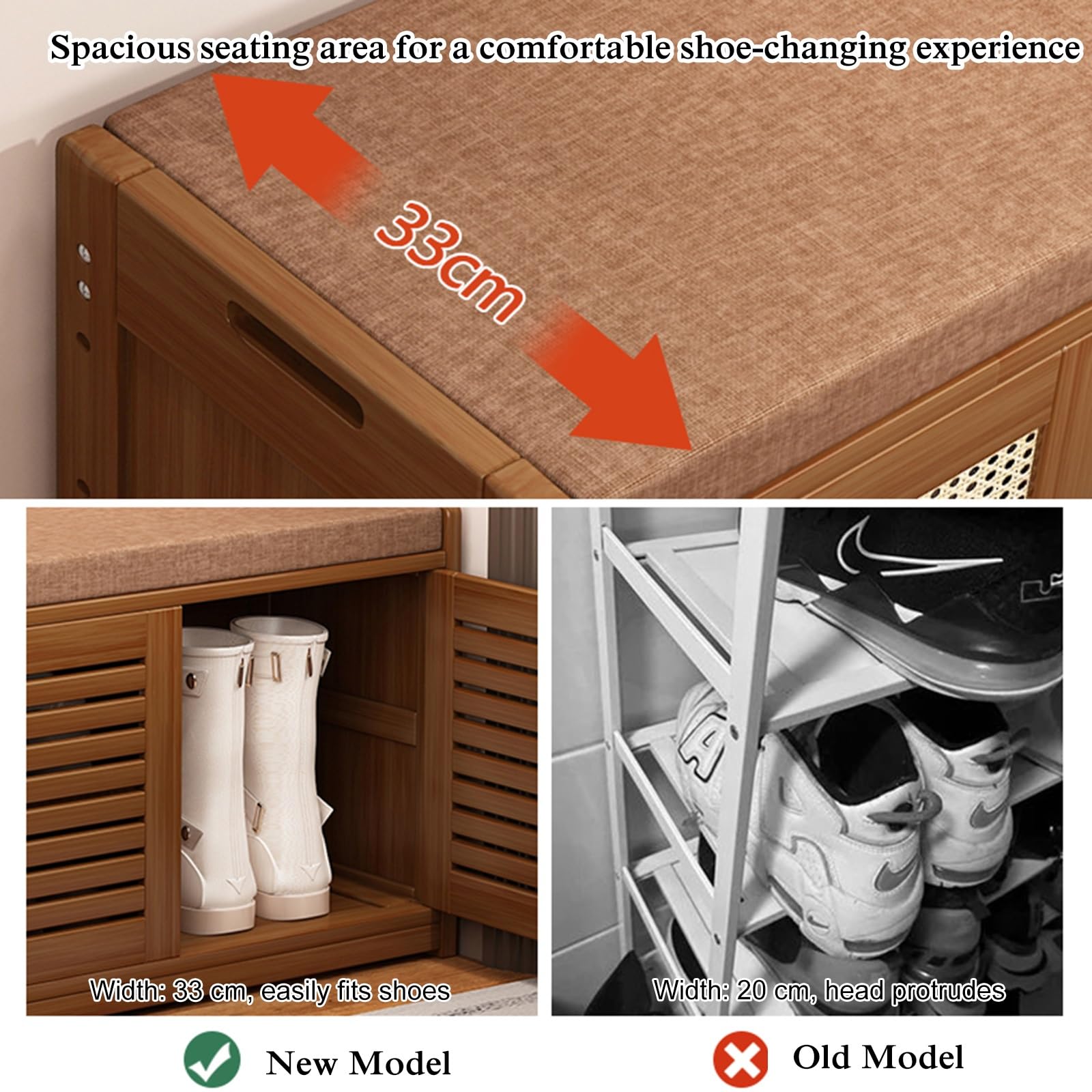 Banco de bambú para zapatos con 2 puertas, banco de entrada y zapatero para vestíbulo, para entrada en casa, diseño que ahorra espacio