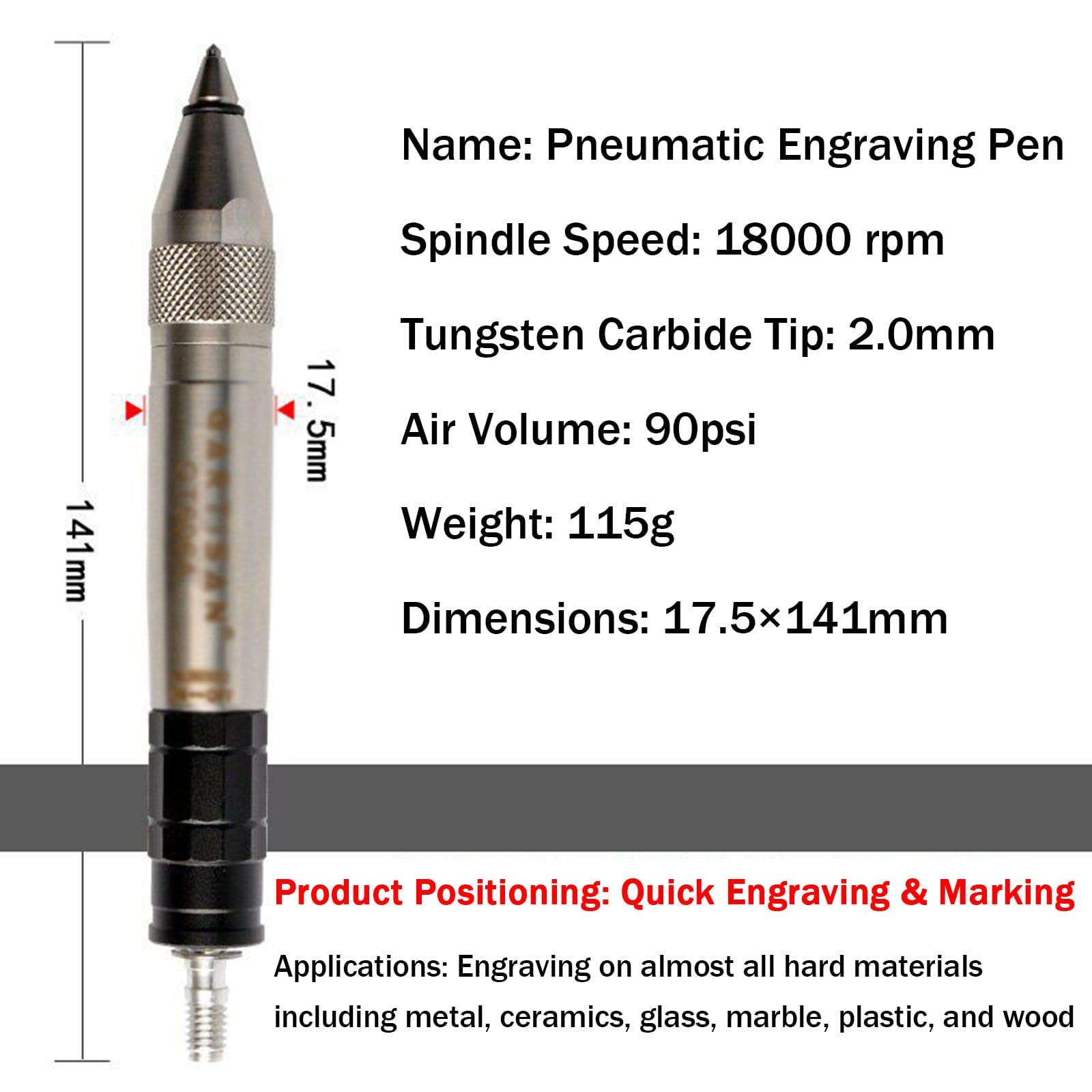 Pneumatyczny Rysik Do Grawerowania, Pneumatyczne Narzędzie Do Grawerowania Metalu, Węglik wolframu 2,0 Mm, Prędkość 18000 obr./min, 90 PSI Praca Ciśnienie Powietrza