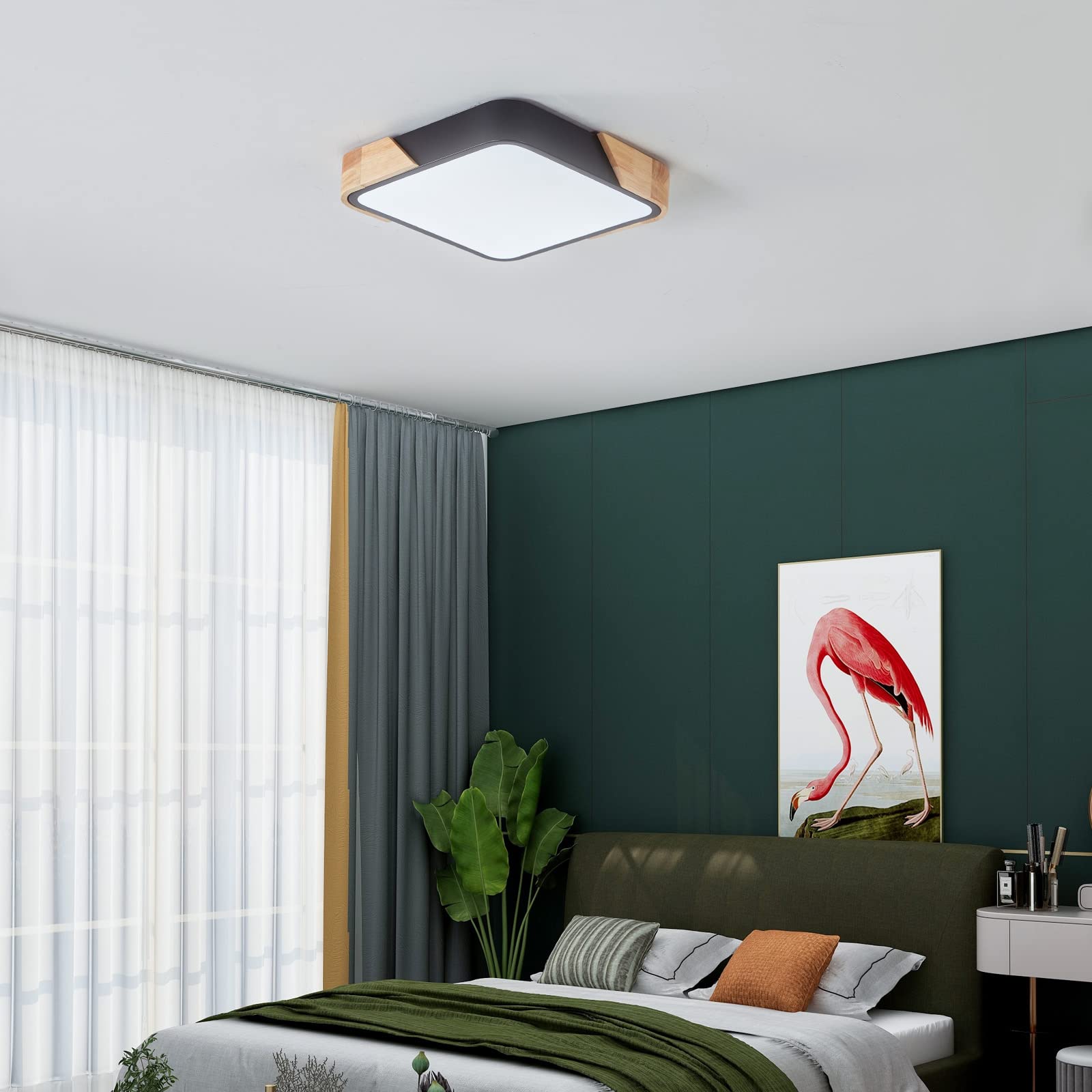 Plafonnier LED Carré Noir Bois 24W 6500K, 30 x 30 cm | Plafonnier moderne extra-plat, lumière blanc froid, pour cuisine, bureau, salon, chambre, couloir et salle à manger