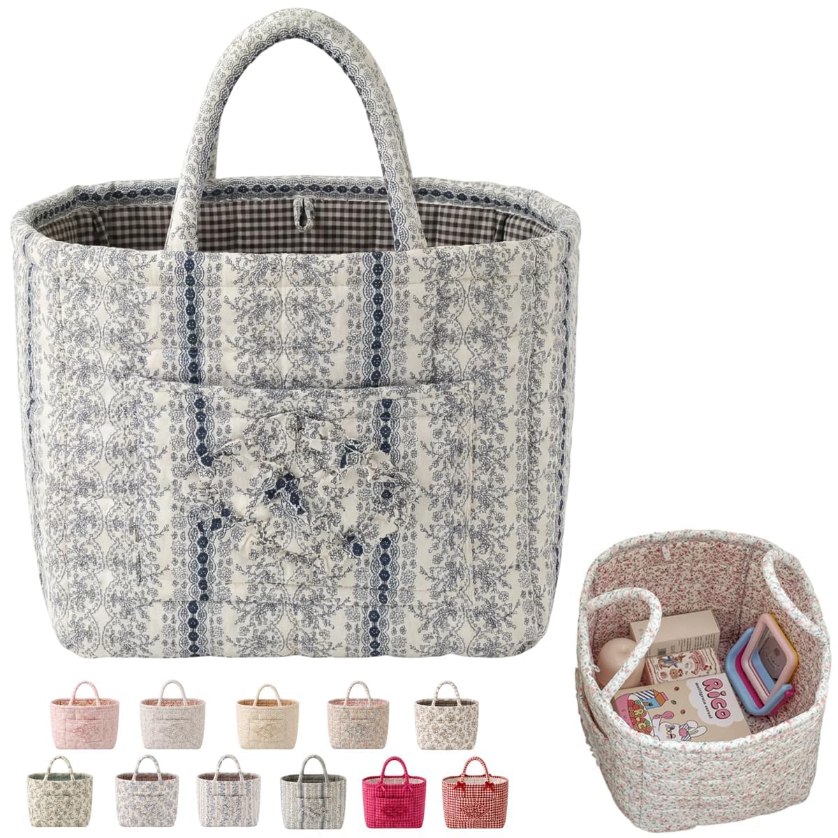 LKHYUKU Women's Large Capacity Quilted Car Storage Basket Tote Bag Foldable Washable Multifunctional Diaper Organizer for Moms Daily Use，vine blue C