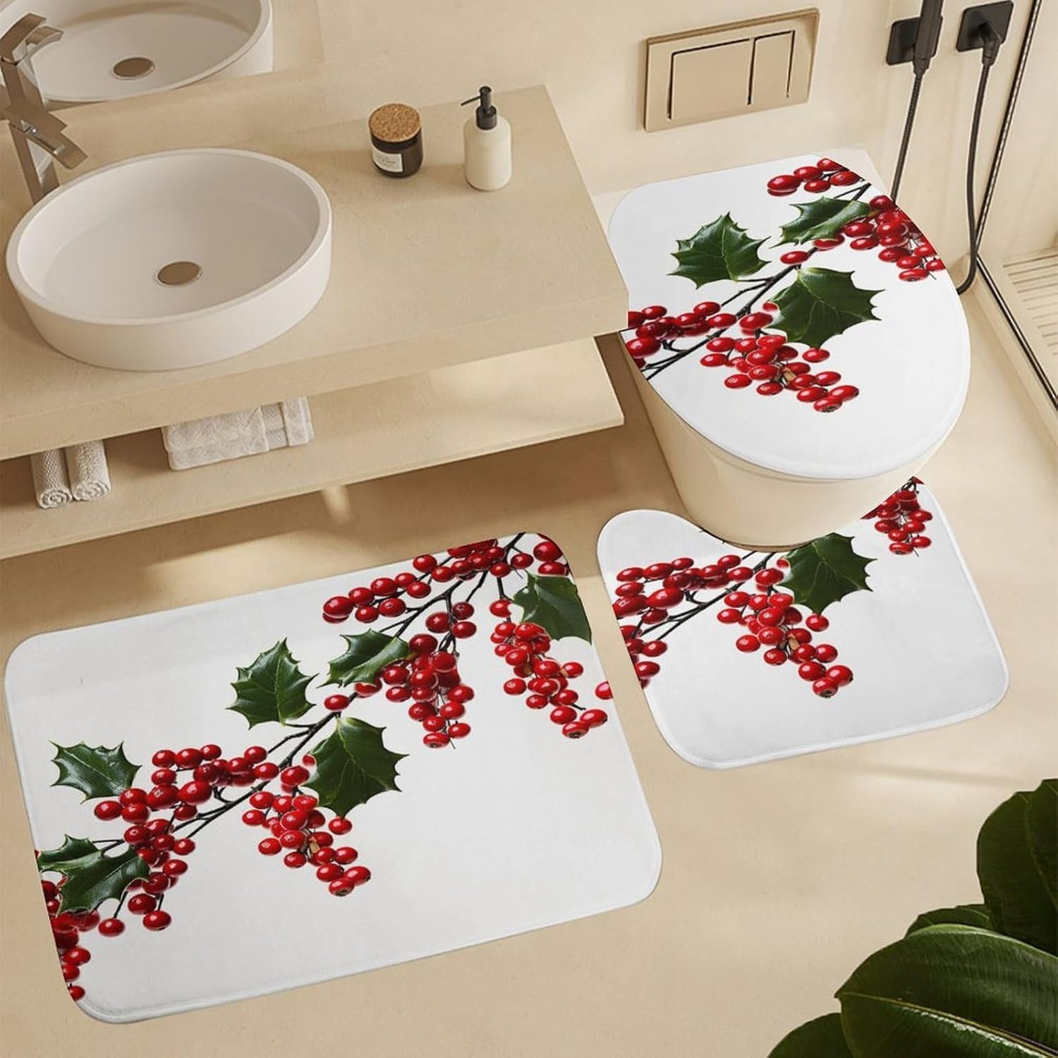 Four Piece Bathroom Set with Toilet Lid Cover and Non-Slip Rugs Minimalist Shower Curtain for Bathroom Set